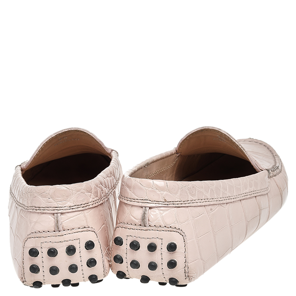 Tod's Pink Croc Embossed Leather Slip On Loafers Size 36