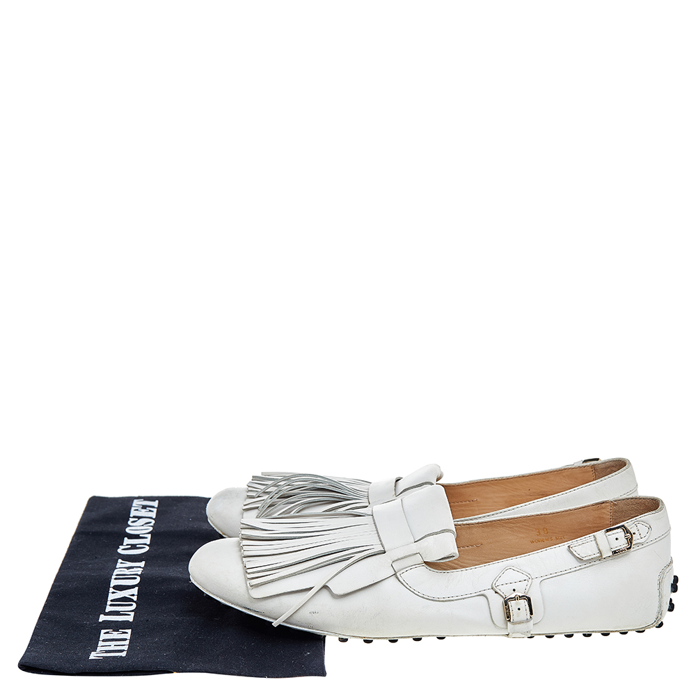 Tod's White Leather Fringe Slip On Loafers Size 39