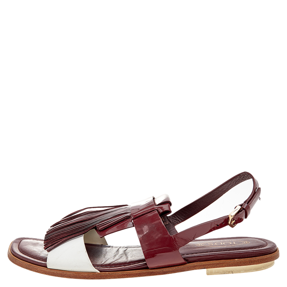 Tod's Burgundy/White Patent Leather And Leather Fringe Flat Sandals Size 38.5