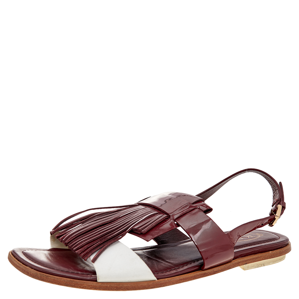 Tod's burgundy/white patent leather and leather fringe flat sandals size 38.5