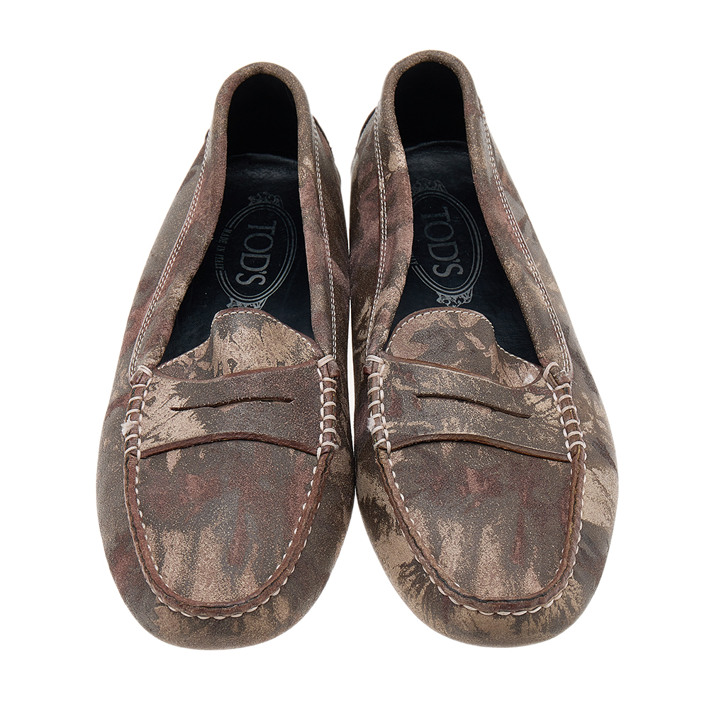 Tod's Brown Printed Suede Slip On Loafers Size 39