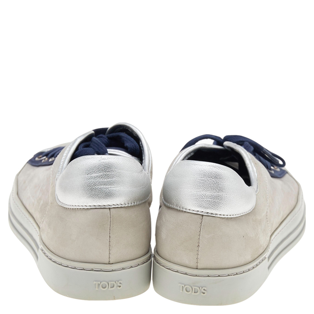 Tod's Grey/Blue Leather And Suede Low Top Sneakers Size 38