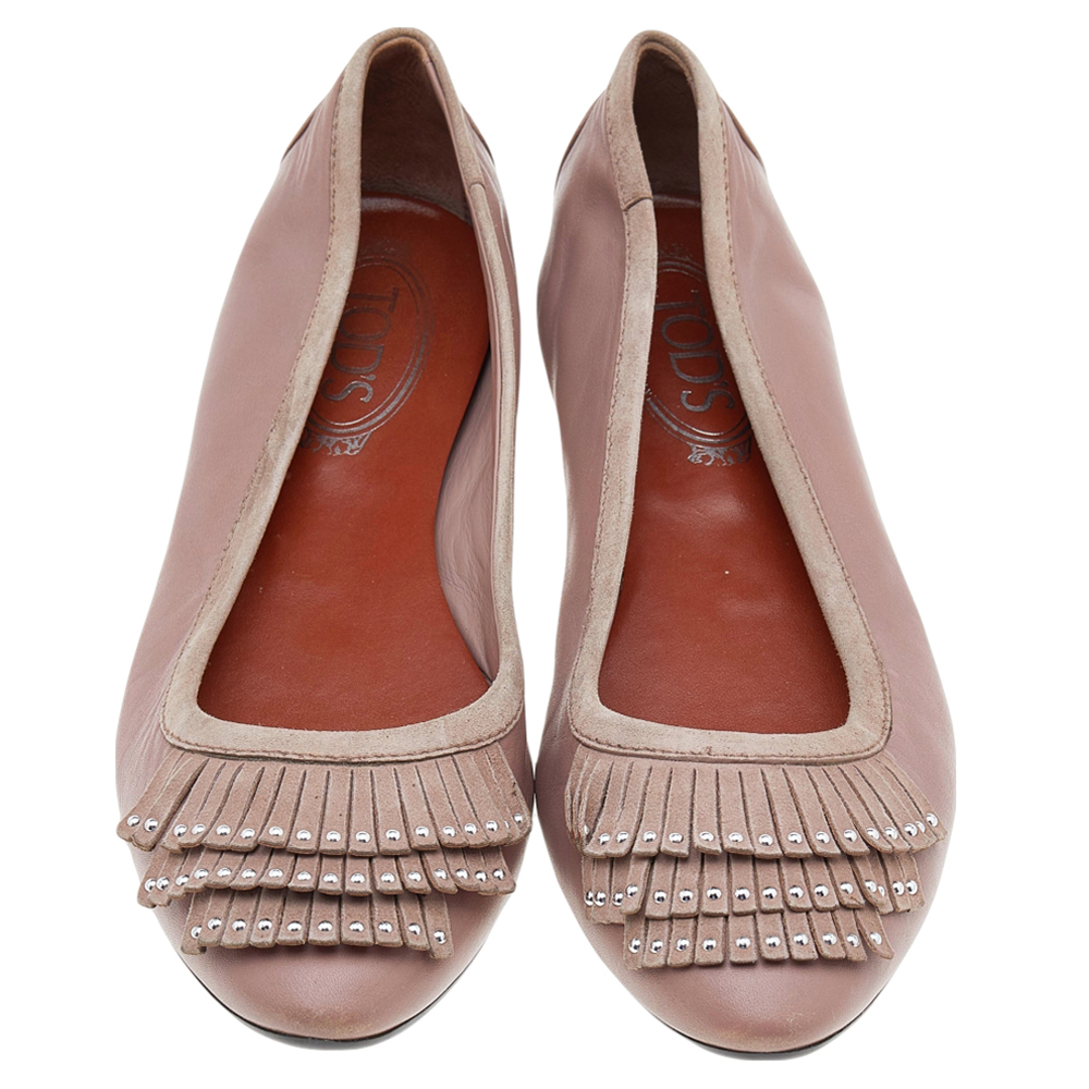 Tod's Pink Suede And Leather Embellished  Flats Size 38