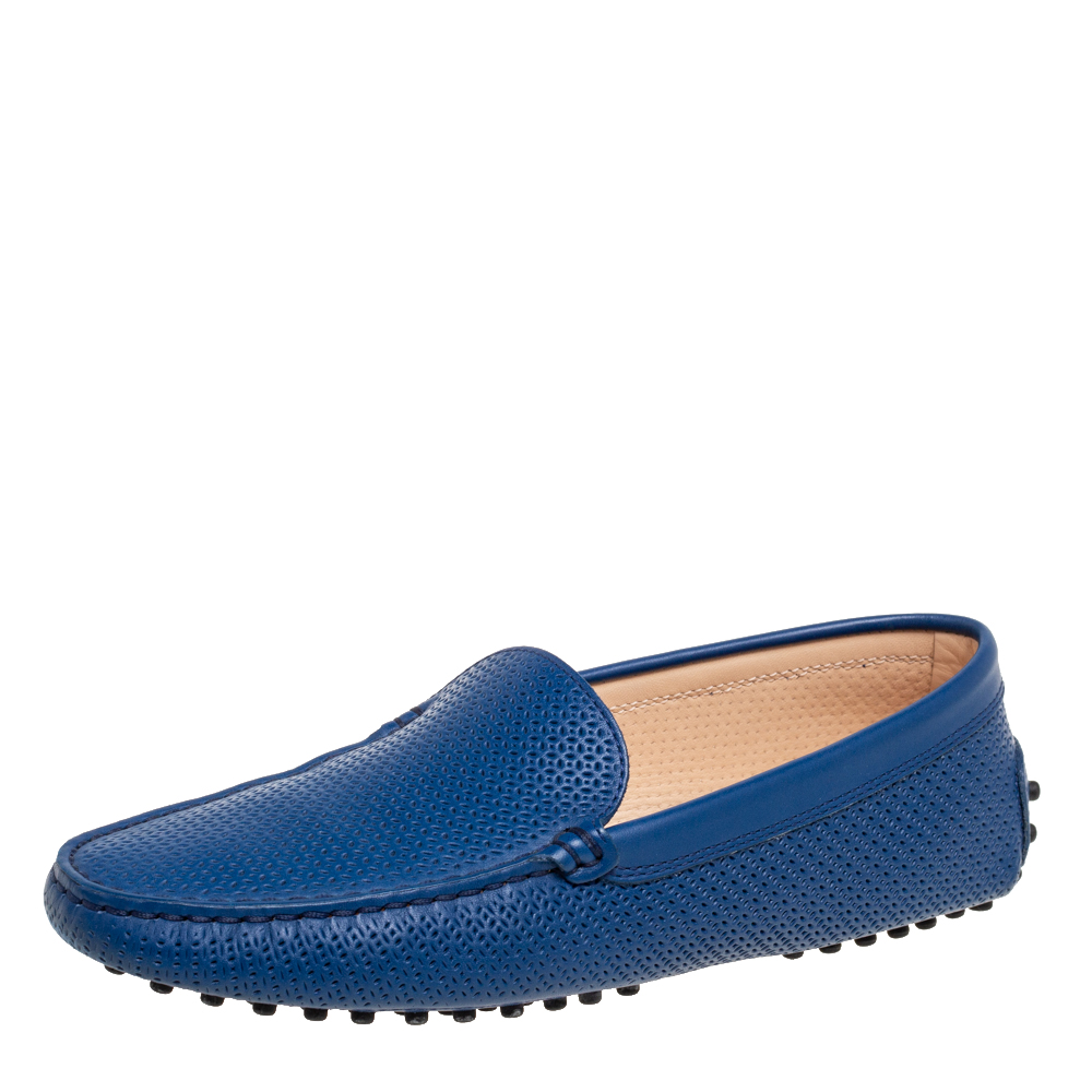 Tod's Royal Blue Perforated Leather Driver Loafers Size 38