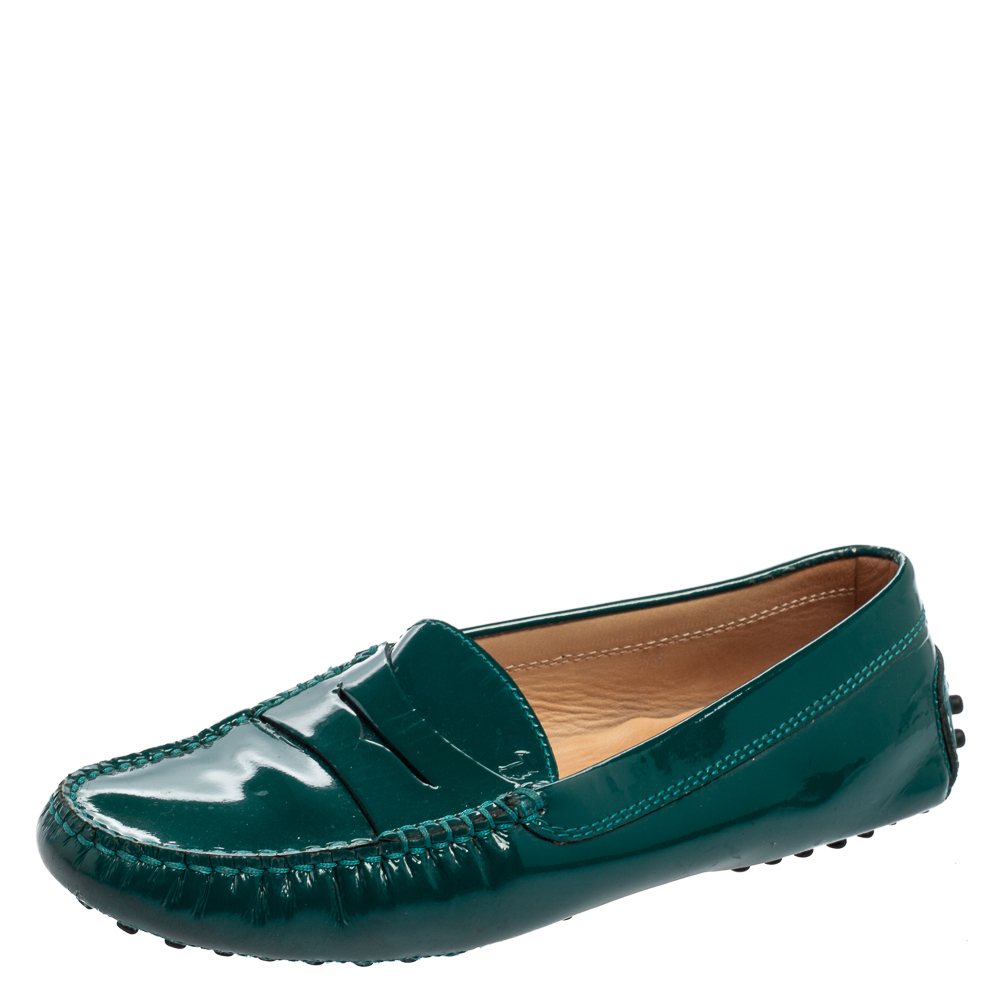Tod's Green Patent Leather Gommini Penny Loafers Size 36