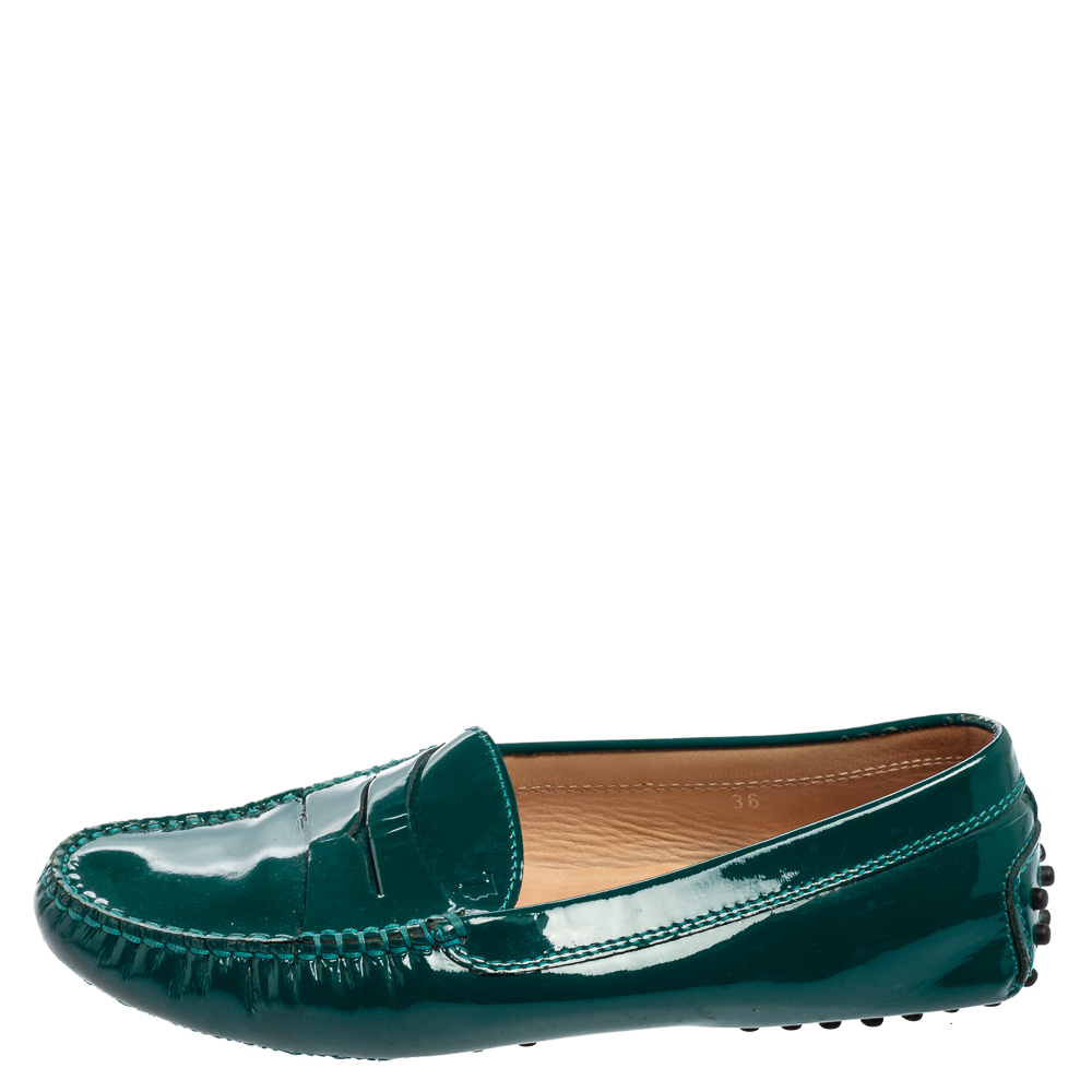 Tod's Green Patent Leather Gommini Penny Loafers Size 36