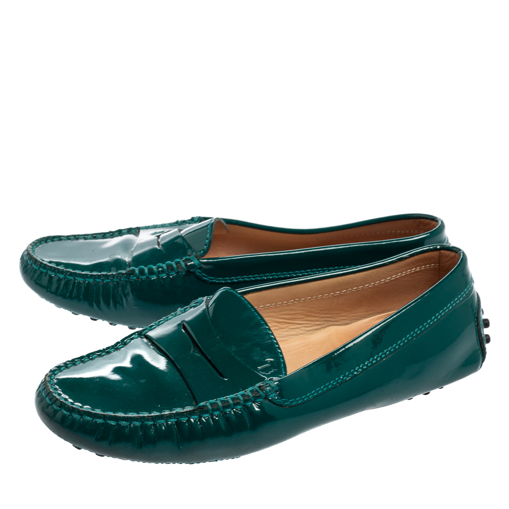 Tod's Green Patent Leather Gommini Penny Loafers Size 36