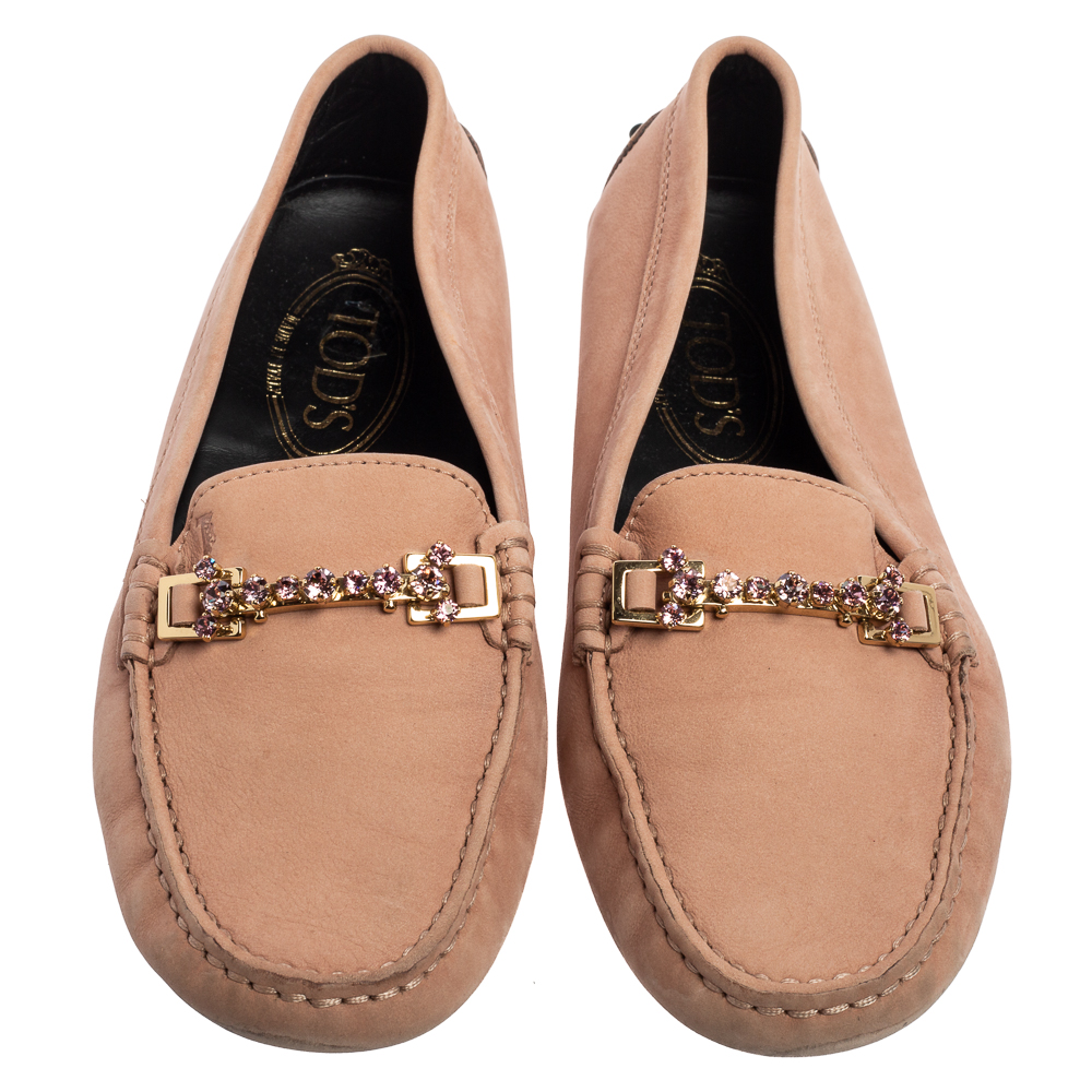 Tod's Pink Nubuck Leather Crystal Embellished Buckle Loafers Size 36.5