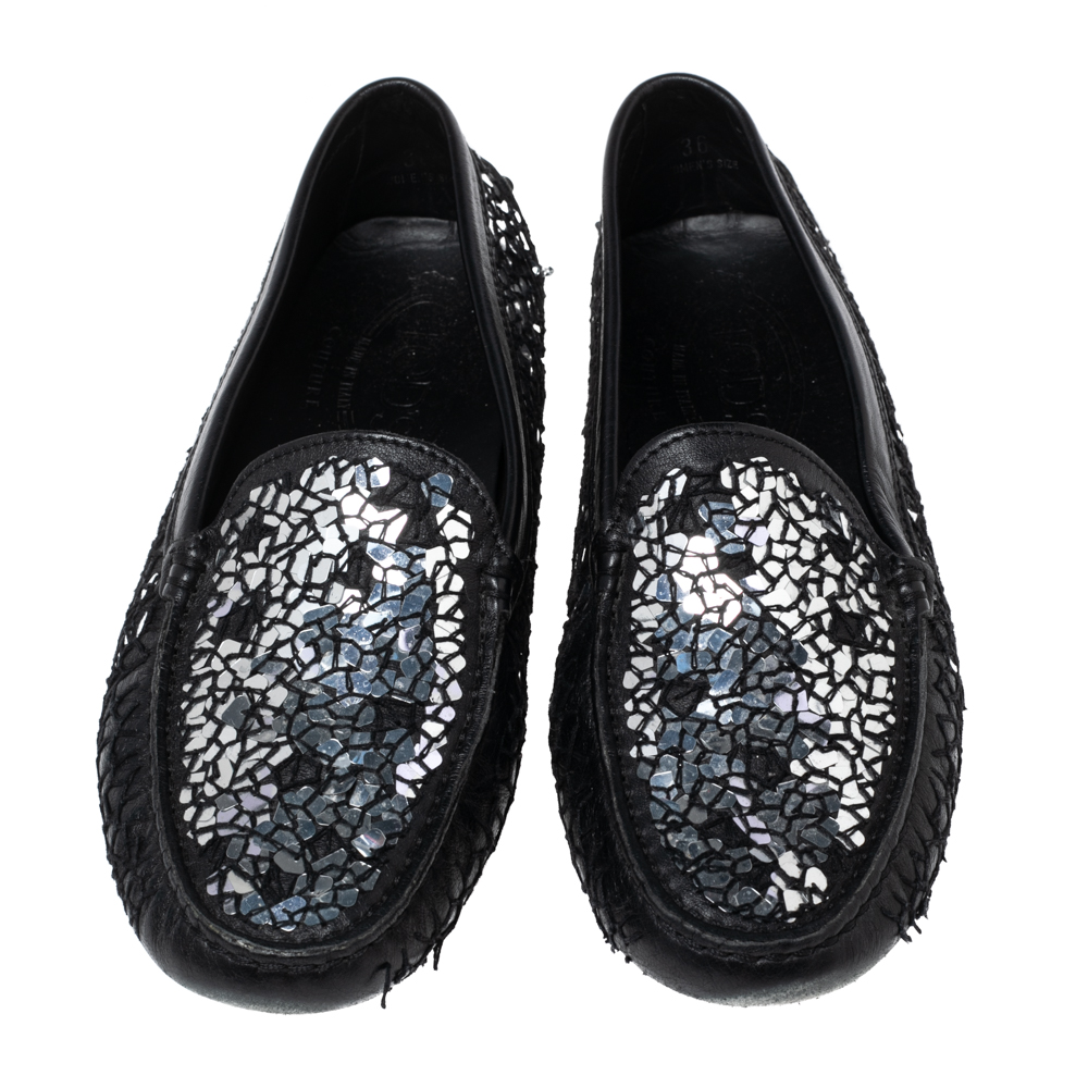 Tod's Black/Silver Sequins Mosaic Leather Driver Loafers Size 36