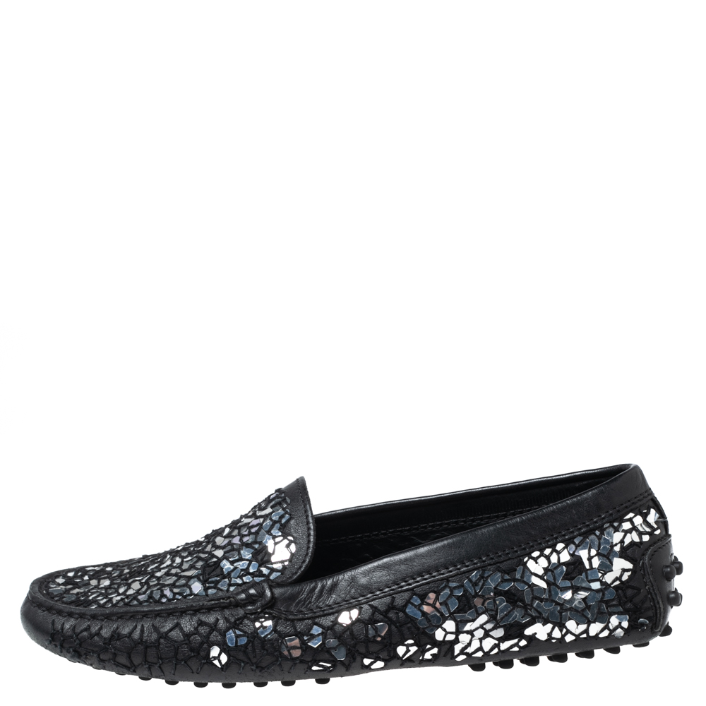 Tod's Black/Silver Sequins Mosaic Leather Driver Loafers Size 36