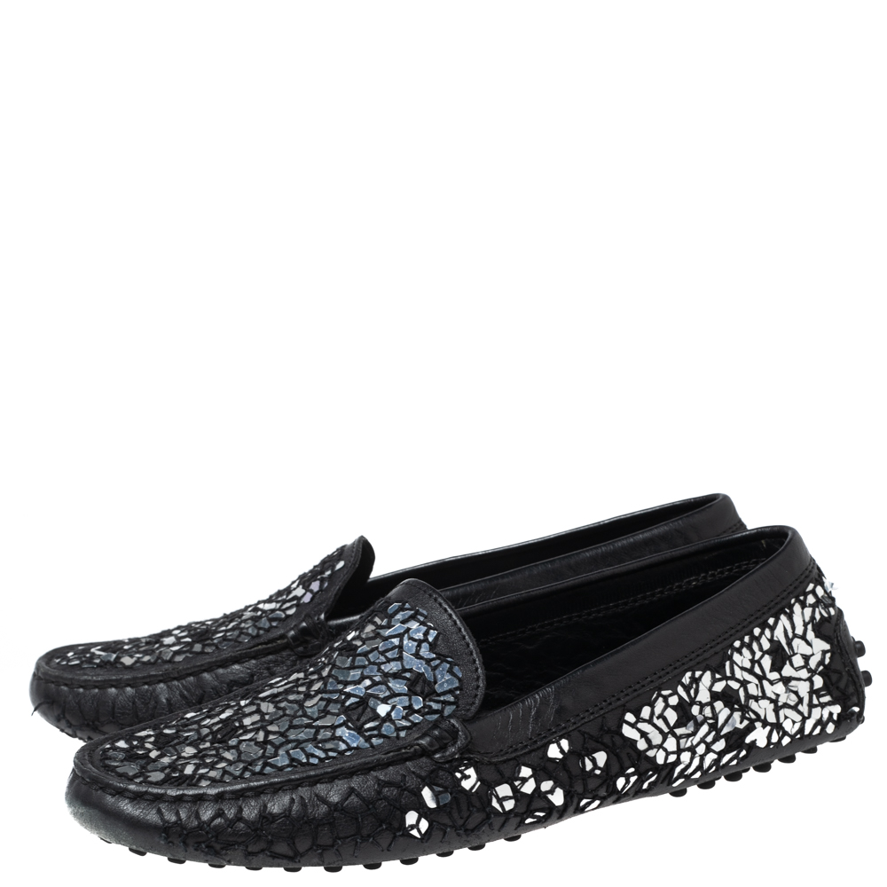 Tod's Black/Silver Sequins Mosaic Leather Driver Loafers Size 36