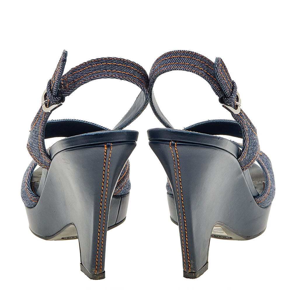 Tod's Blue Denim Slingback Platform Wedge Sandals Size 41