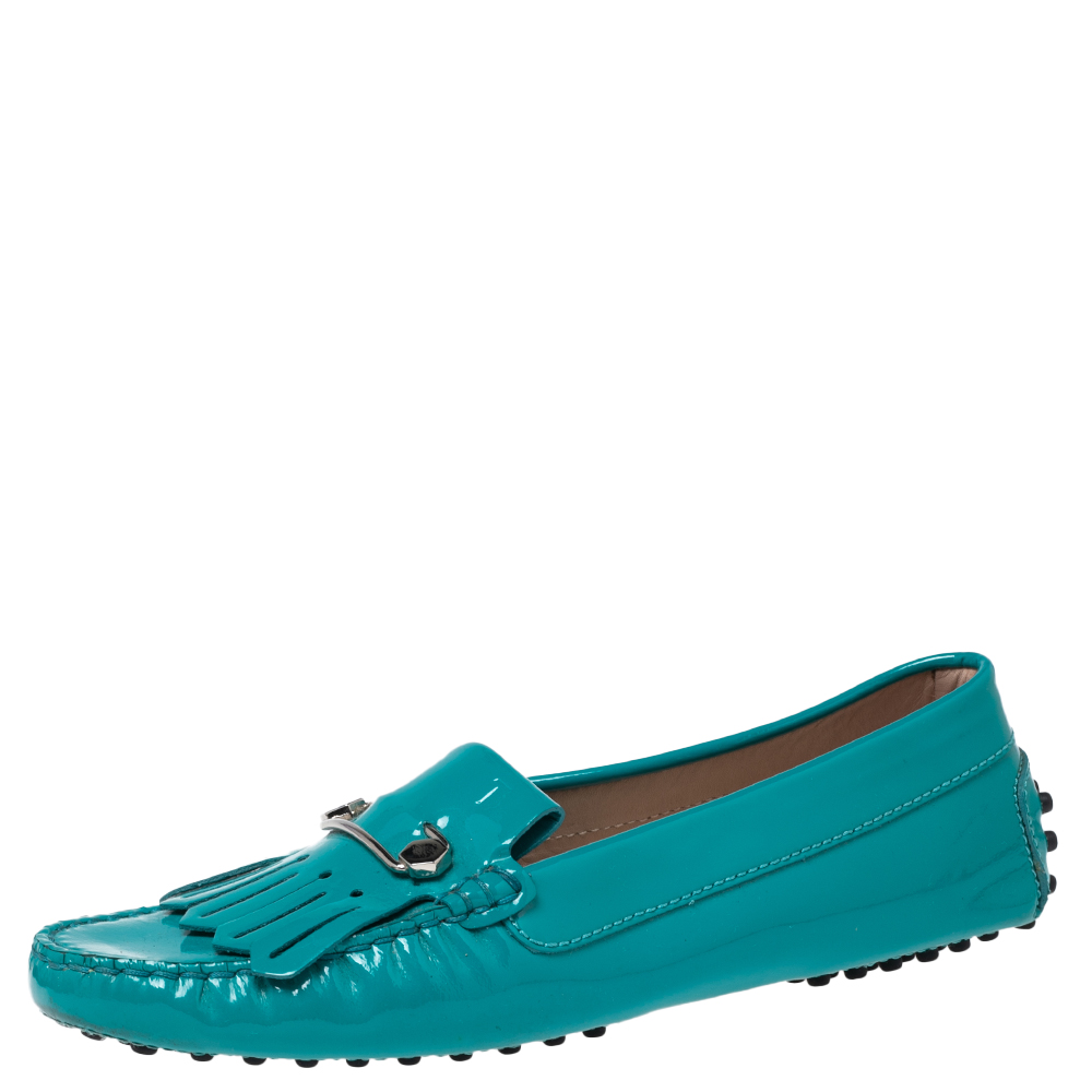 Tod's Turquoise Patent Leather Fringe Loafers Size 36