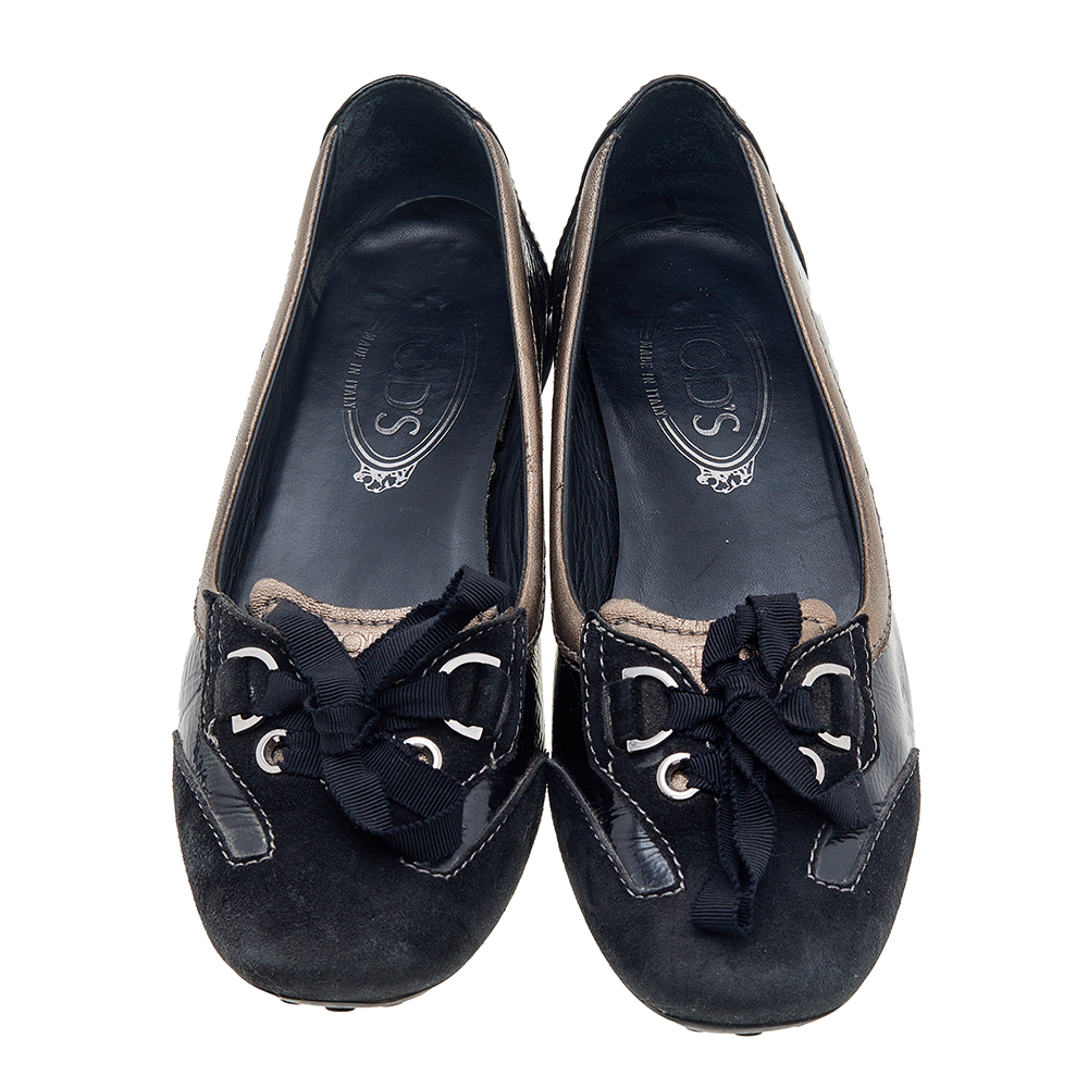 Tod's Black Patent Leather And Suede Lace Up Loafers Size 36