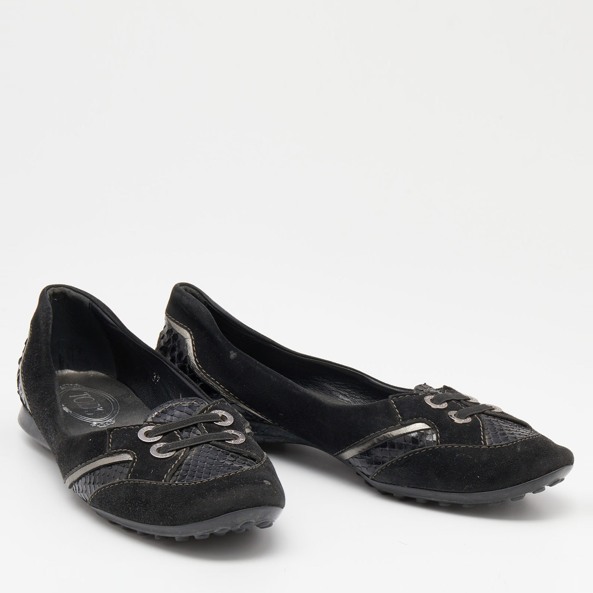 Tod's Black Python And Suede Ballet Flats Size 37