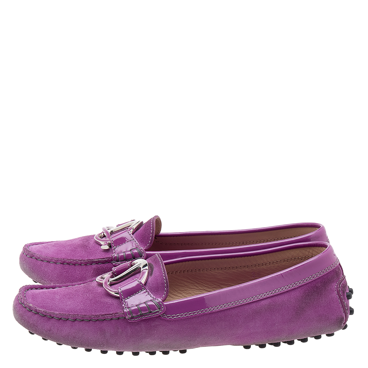 Tod's Purple Suede And Patent Leather Trim Embellished Slip On Loafers Size 38