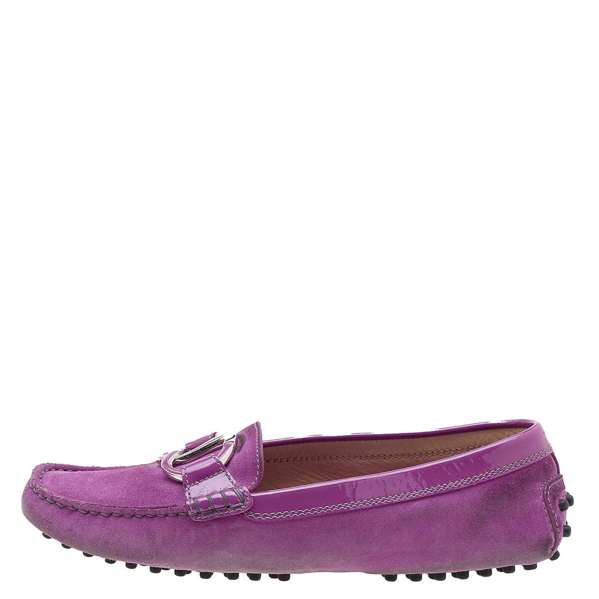 Tod's Purple Suede And Patent Leather Trim Embellished Slip On Loafers Size 38