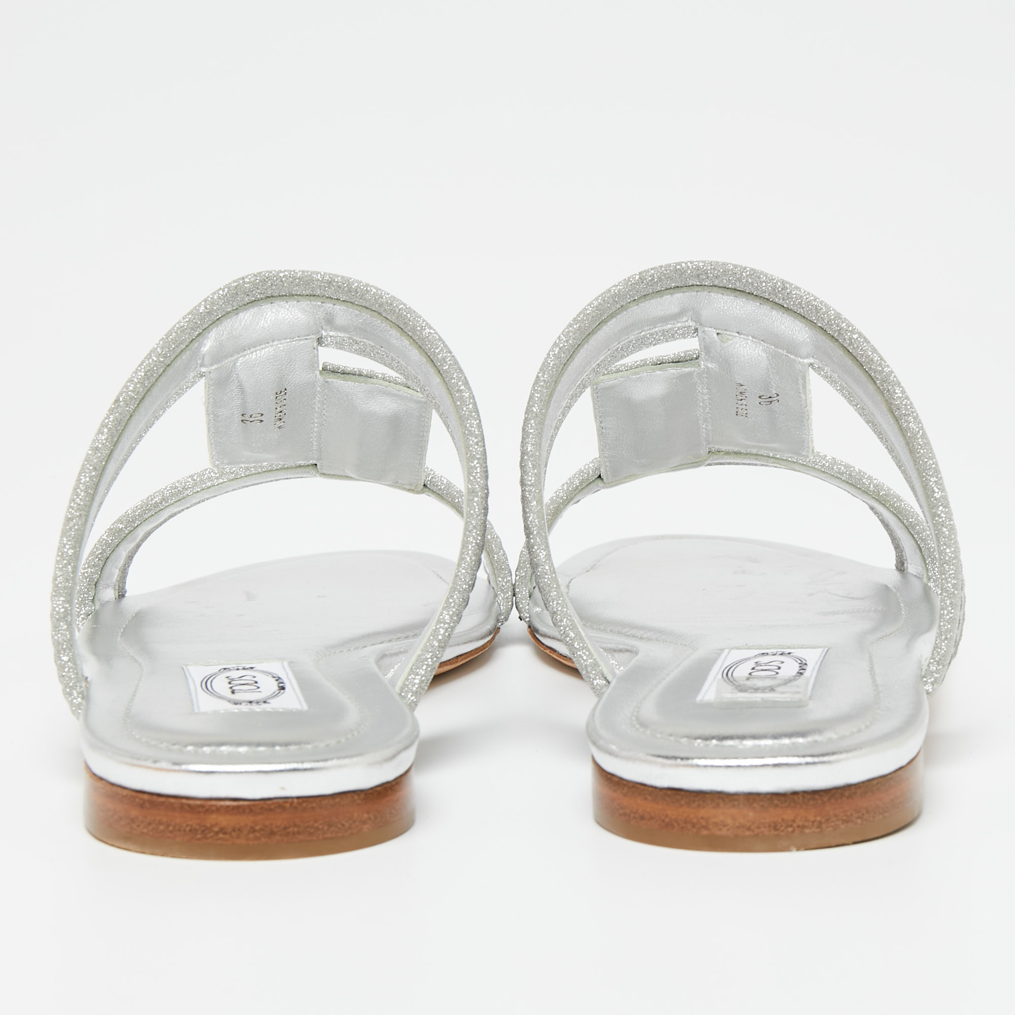 Tod's Silver Glitter Double T Strap Flat Slides Size 36
