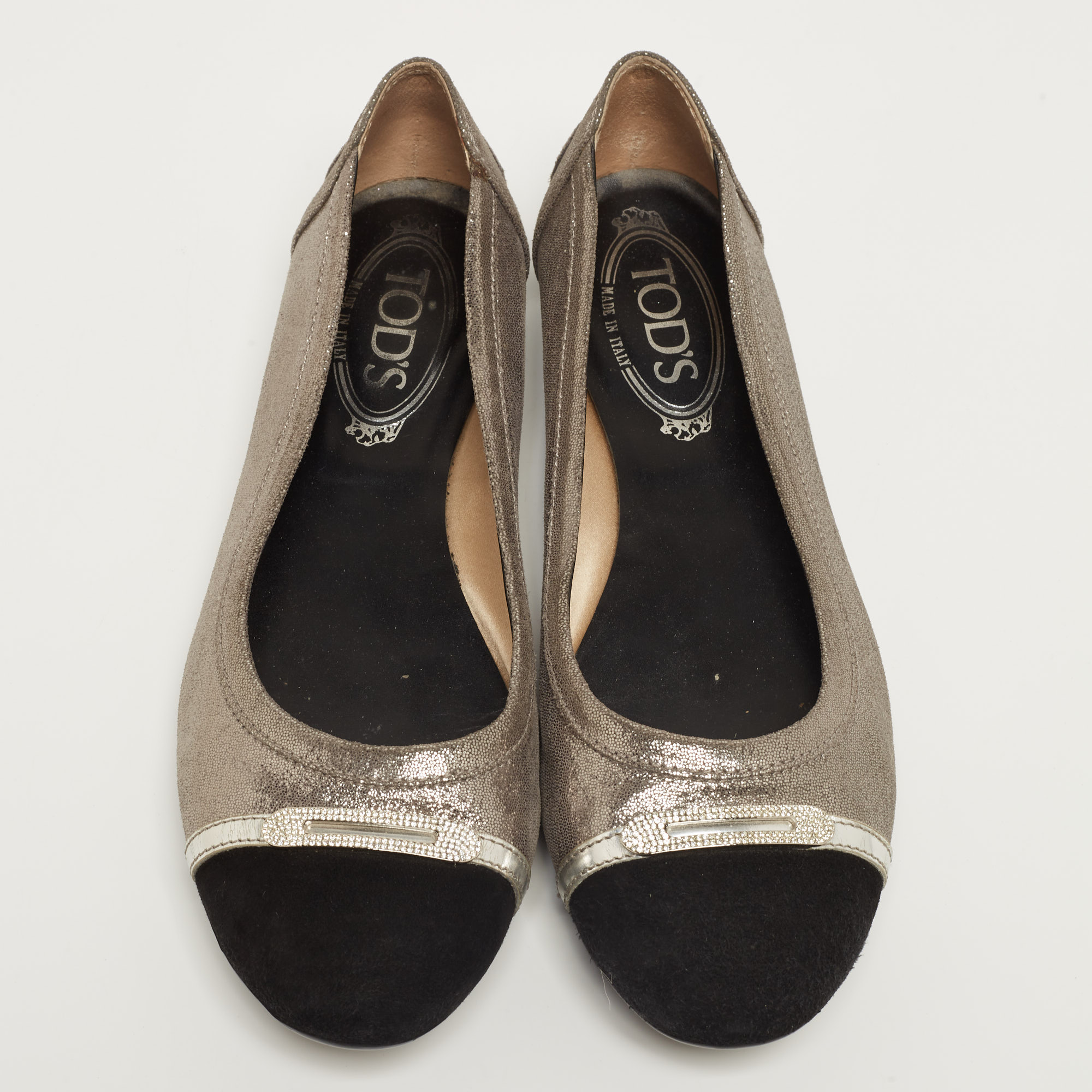 Tod's Silver/Black Nubuck Leather And Suede Cap Toe Ballet Flats Size 38.5