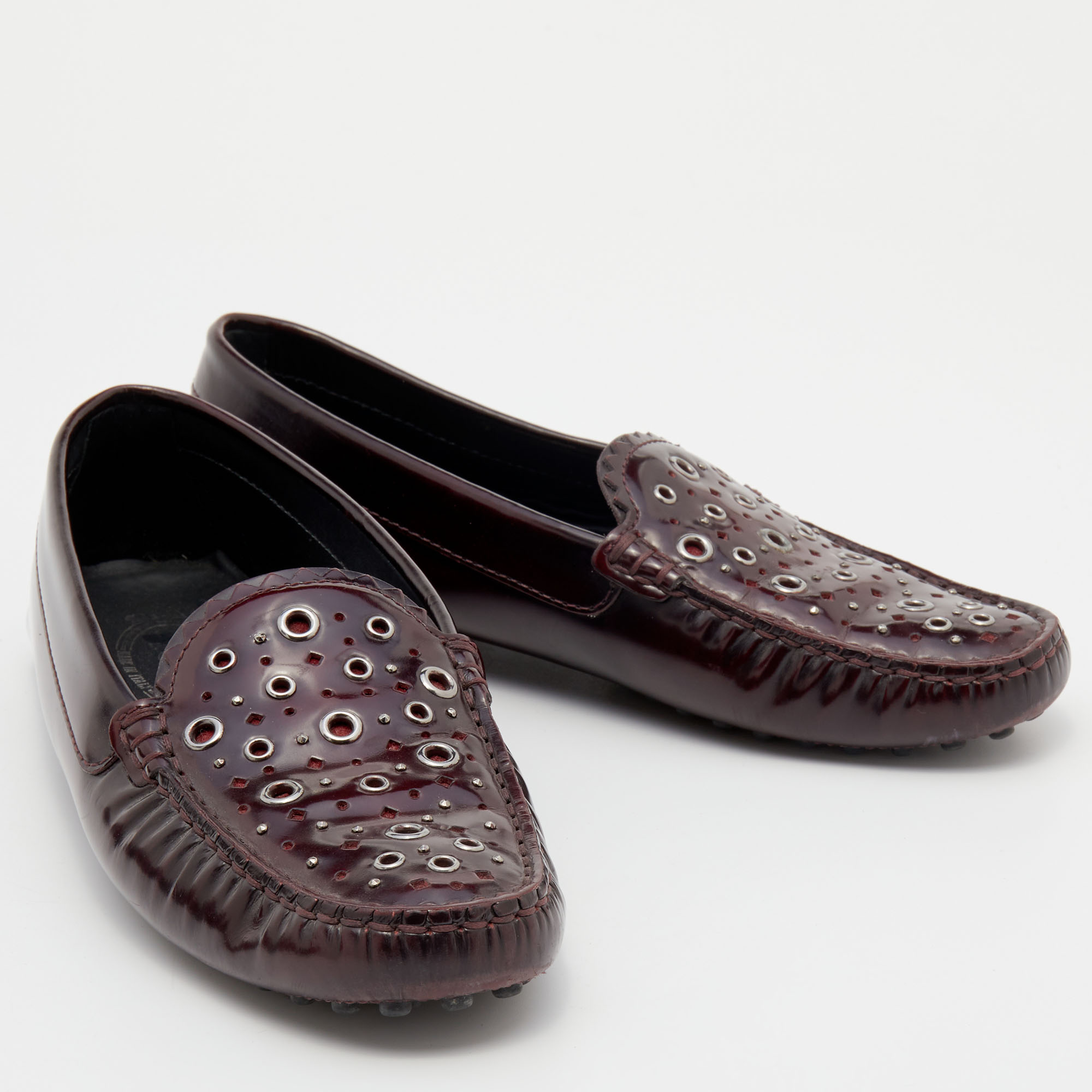 Tod's Burgundy Patent Leather Laser Cut Loafers Size 36.5
