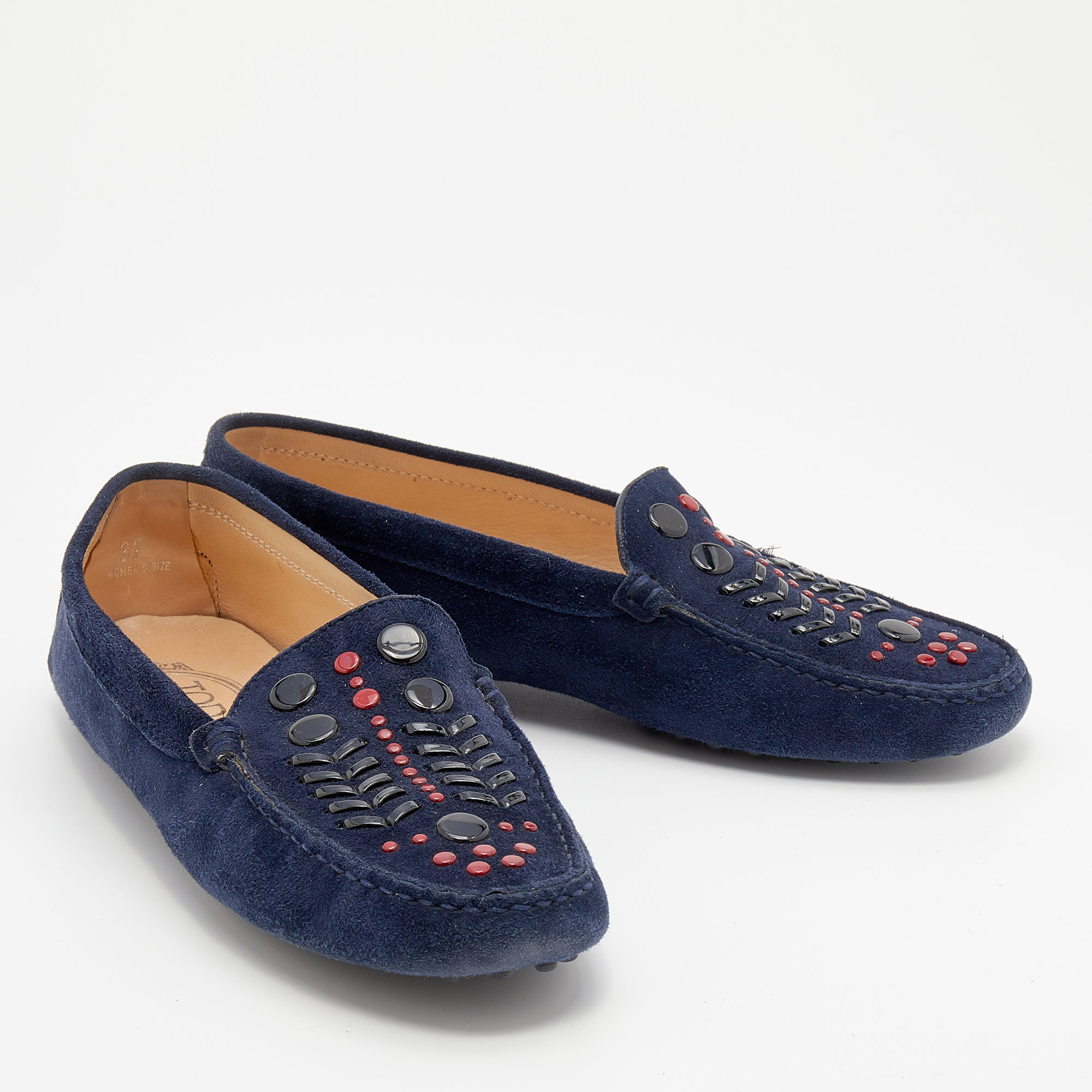 Tod's Navy Blue Suede Studded Slip On Loafers Size 37