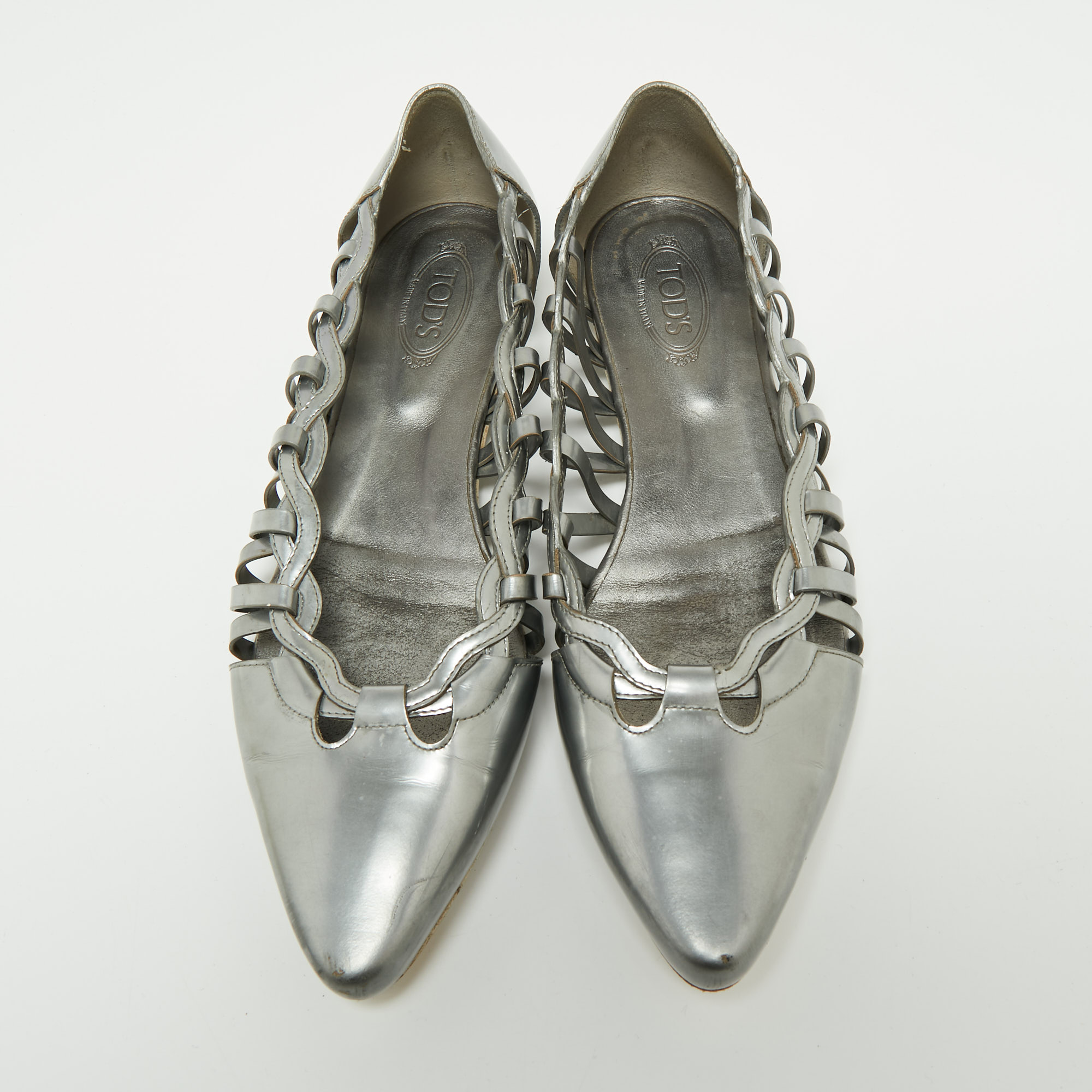 Tod's Grey Patent Leather Braided Detailed Pointed Toe Ballet Flats Size 39.5