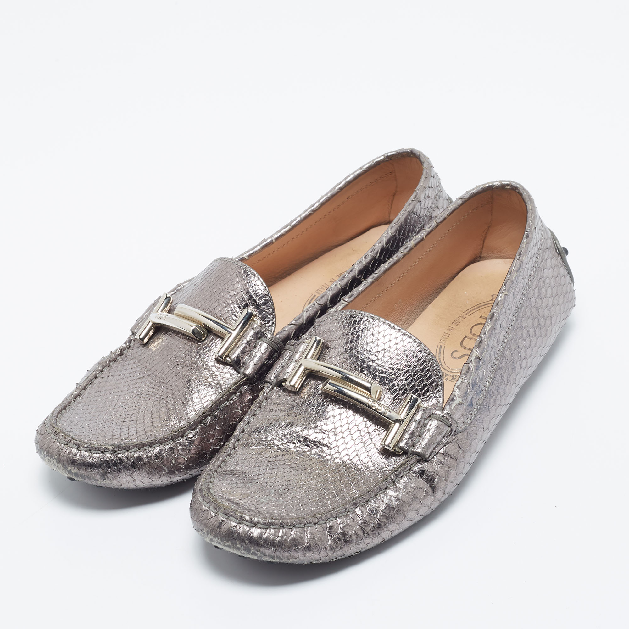 

Tod's Metallic Grey Python Leather Double T Slip On Loafers Size