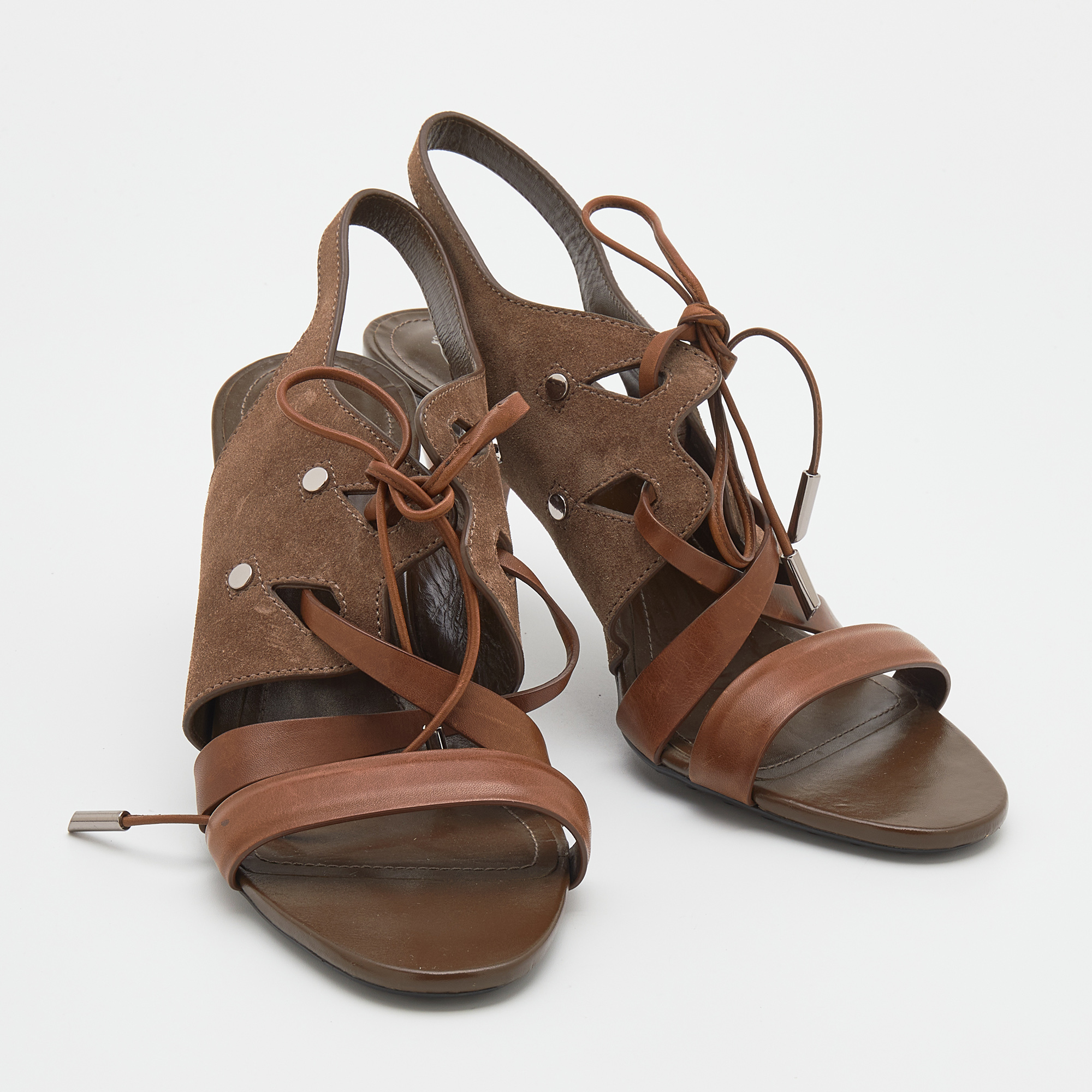 Tod's Brown Leather And Suede Lace Up Slingback Sandals Size 39