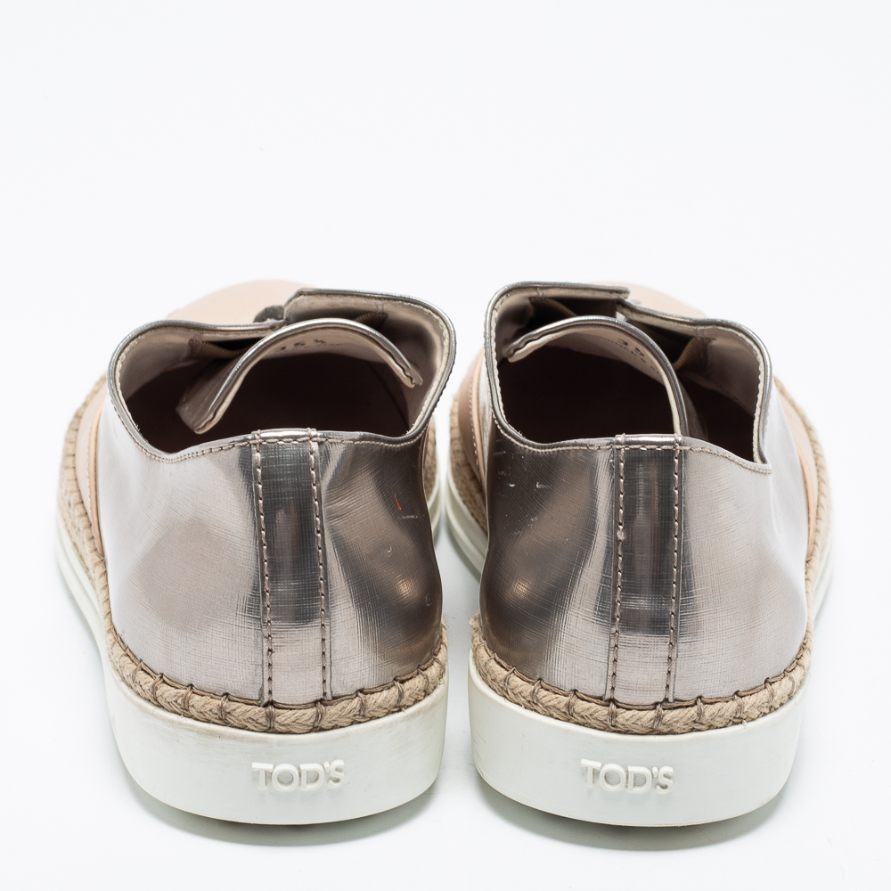 Tod's Silver And Beige Patent And  Leather Francesina Slip On Espadrille Sneakers Size 35.5
