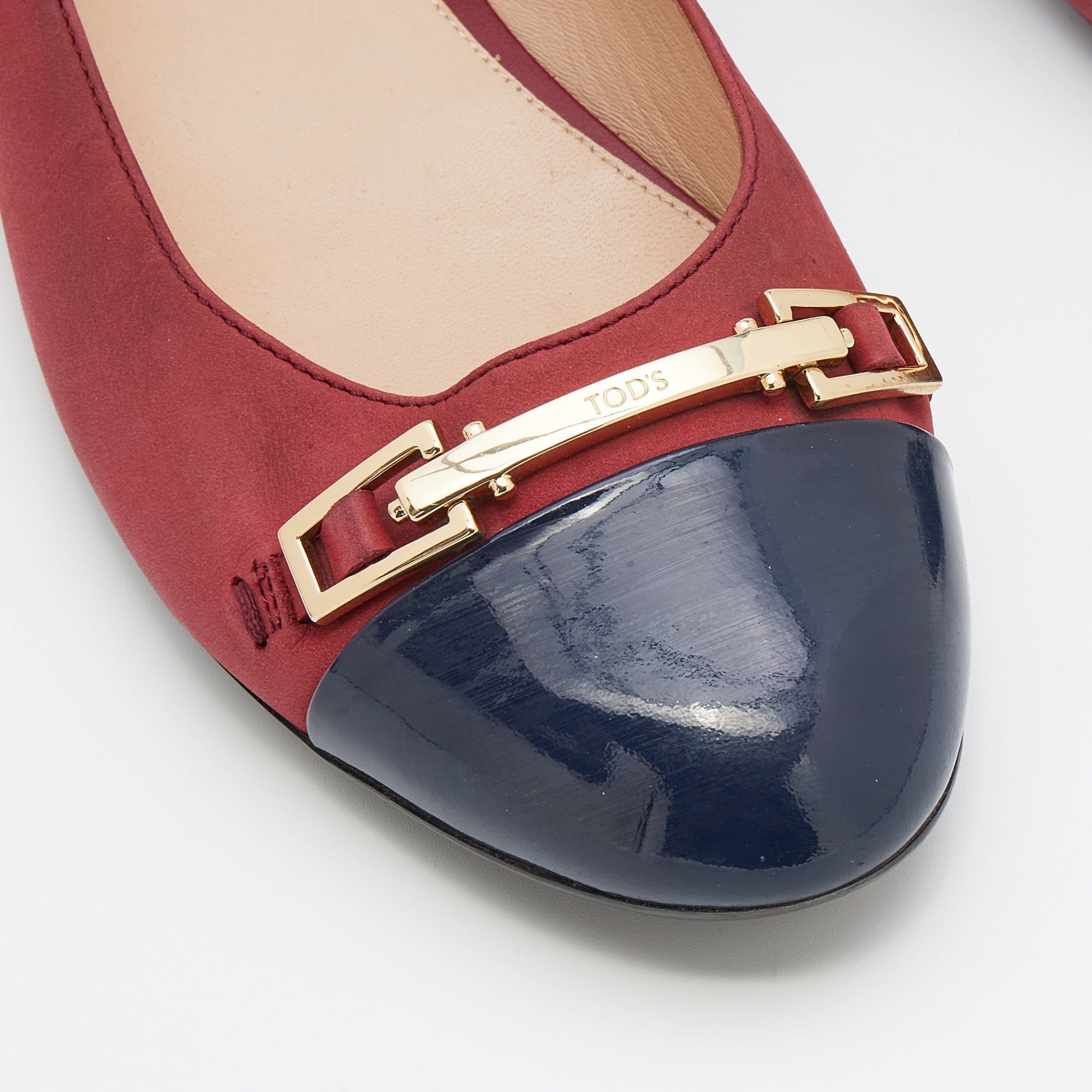 Tod's Crimson Red/Blue Leather And Patent Leather Cap Toe Buckle Ballet Flats Size 37
