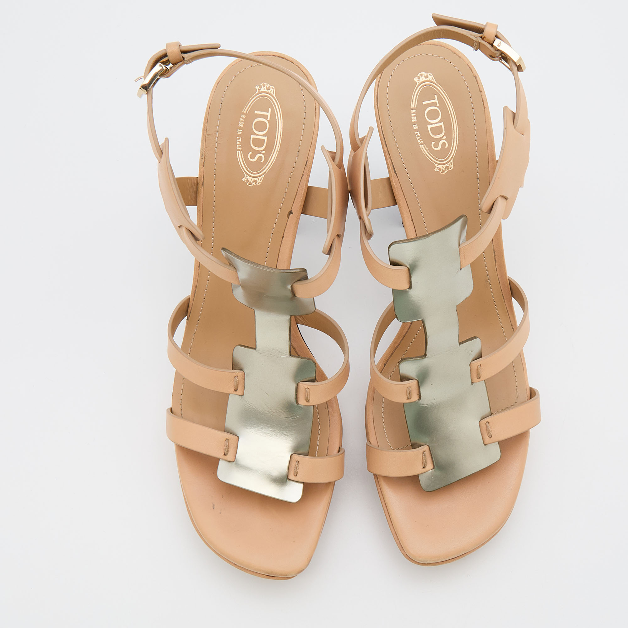 Tod's Beige/Silver Leather Platform Ankle Strap Sandals Size 39.5