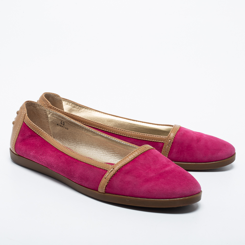 Tod's Pink/Brown Suede And Leather  Ballet Flats Size 40