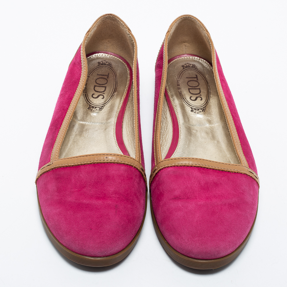 Tod's Pink/Brown Suede And Leather  Ballet Flats Size 40