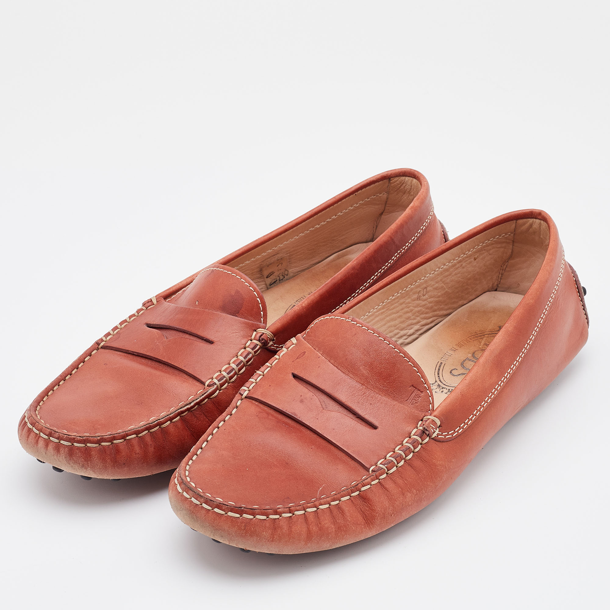 Tod's Rust Orange Leather City Gommino Slip On Loafers Size 40