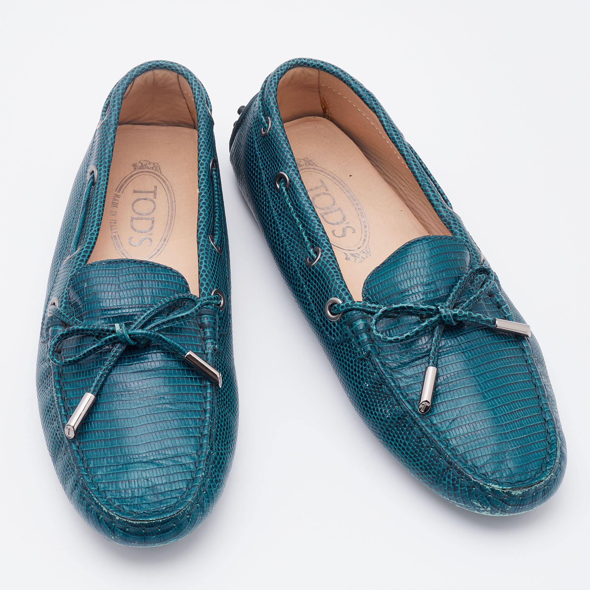 Tod's Teal Blue Lizard Embossed Leather Bow Slip On Loafers Size 37.5