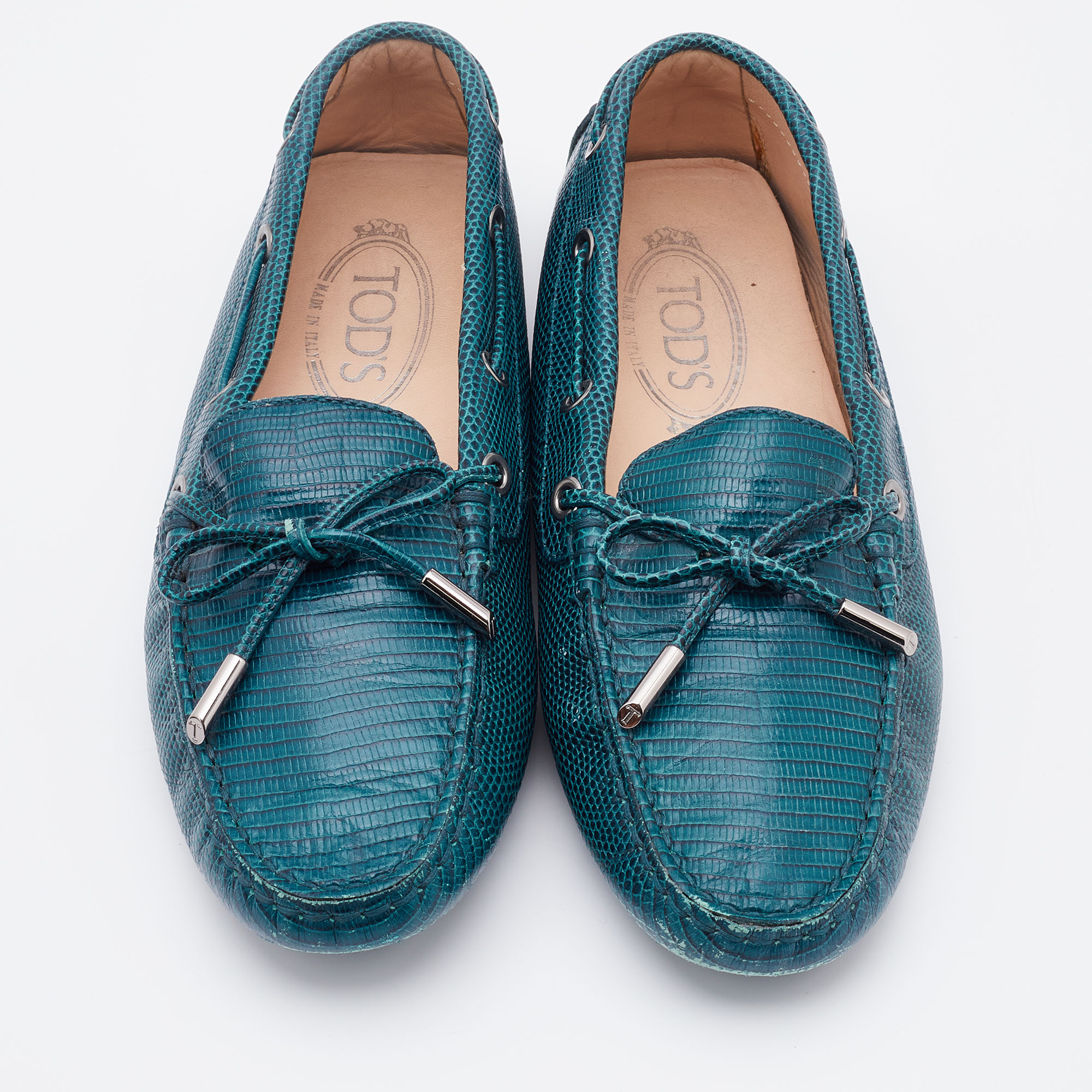 Tod's Teal Blue Lizard Embossed Leather Bow Slip On Loafers Size 37.5