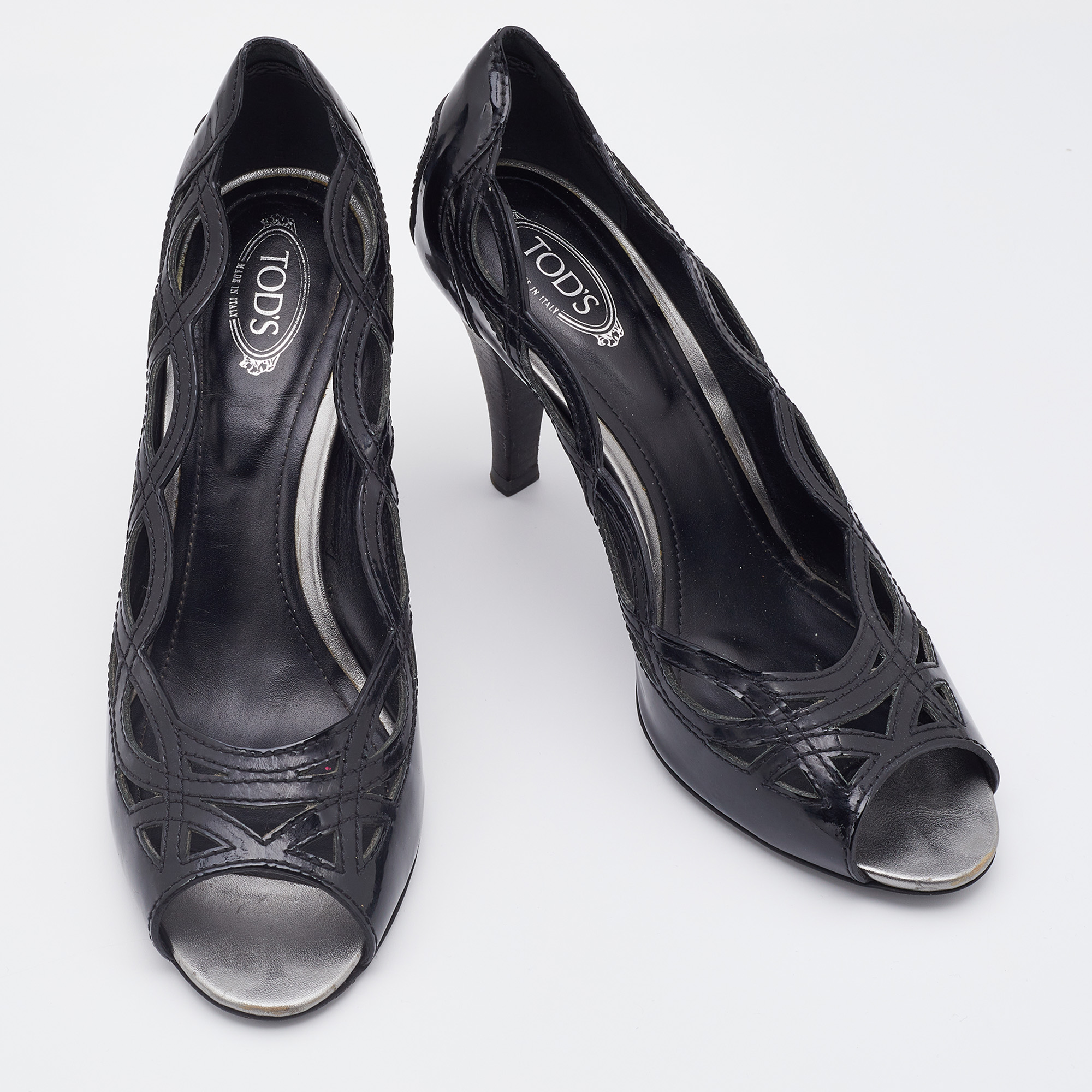 Tod's Black Patent Leather Cut-Out Peep Toe Pumps Size 38.5