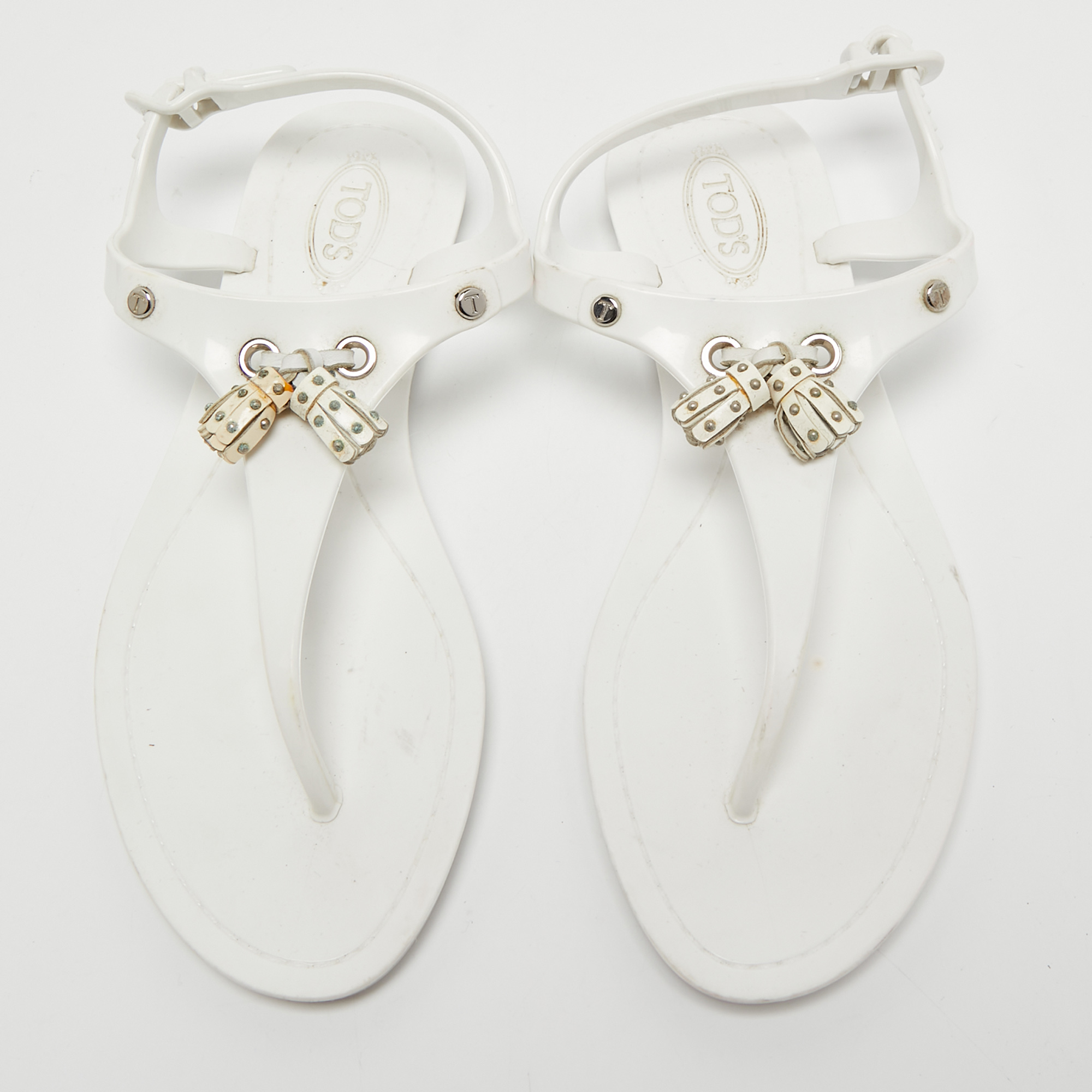 Tod's White Rubber Fringe Bow Thong Flat Sandals Size 36