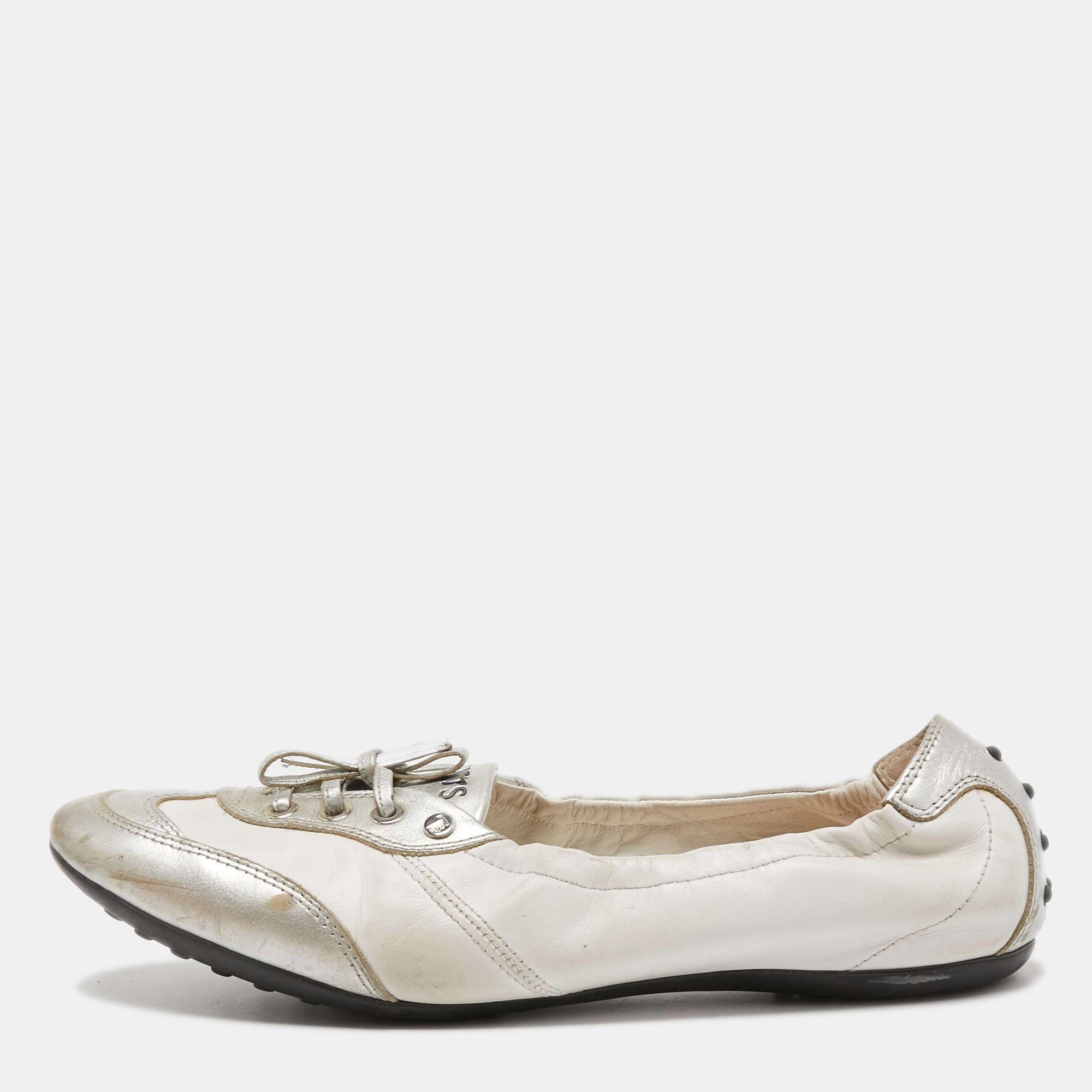Tod's White/Silver Leather Gomma Lace Up Ballet Flats Size 40.5