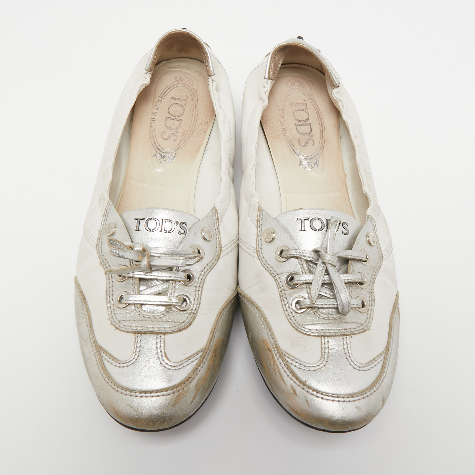 Tod's White/Silver Leather Gomma Lace Up Ballet Flats Size 40.5