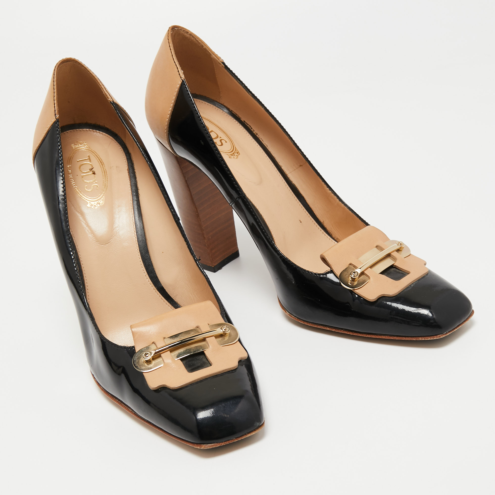 Tod's Black Patent And Leather Block Heel Square Toe Pumps Size 40