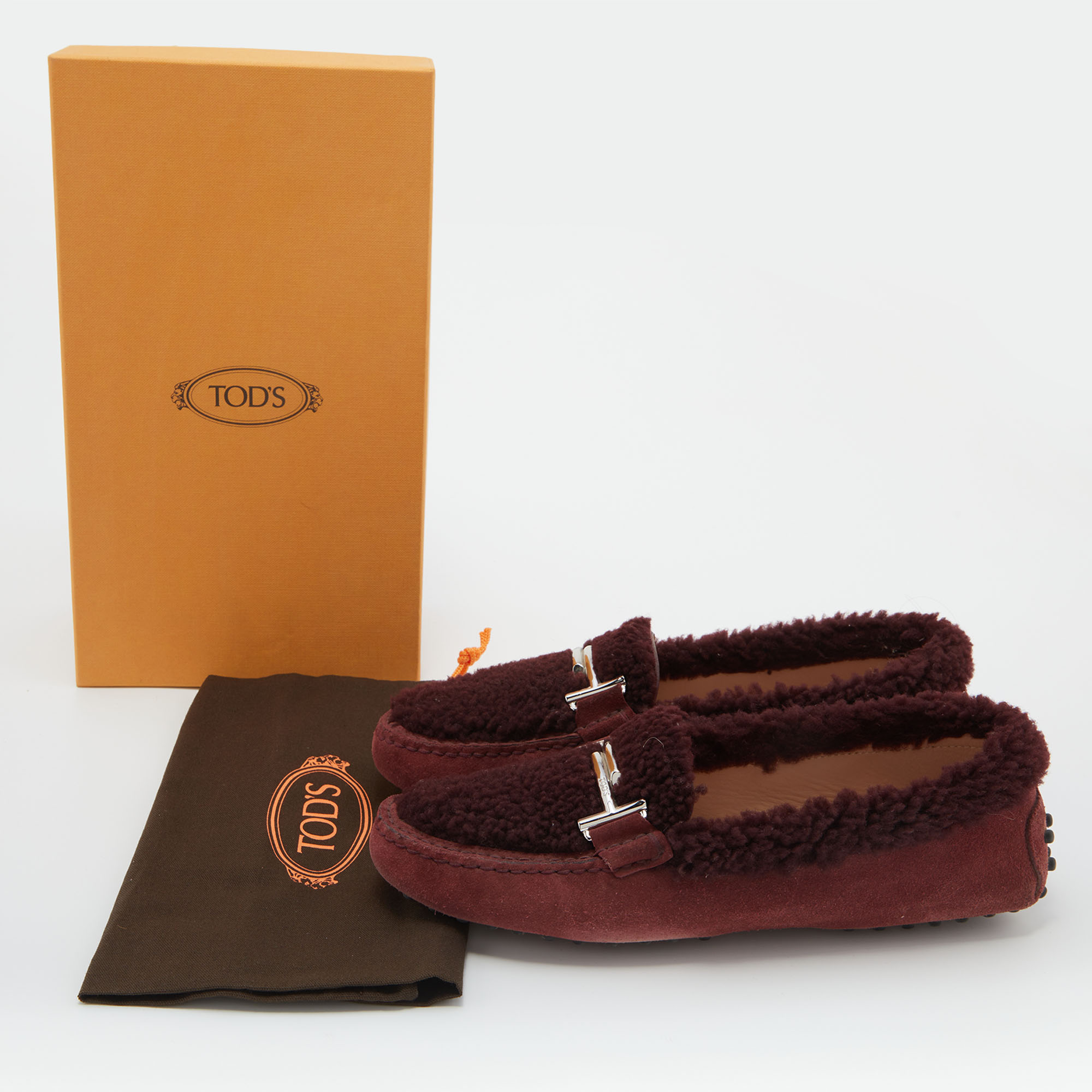 Tod's Burgundy Shealing Fur And Suede Double T Slip On Loafers Size 39