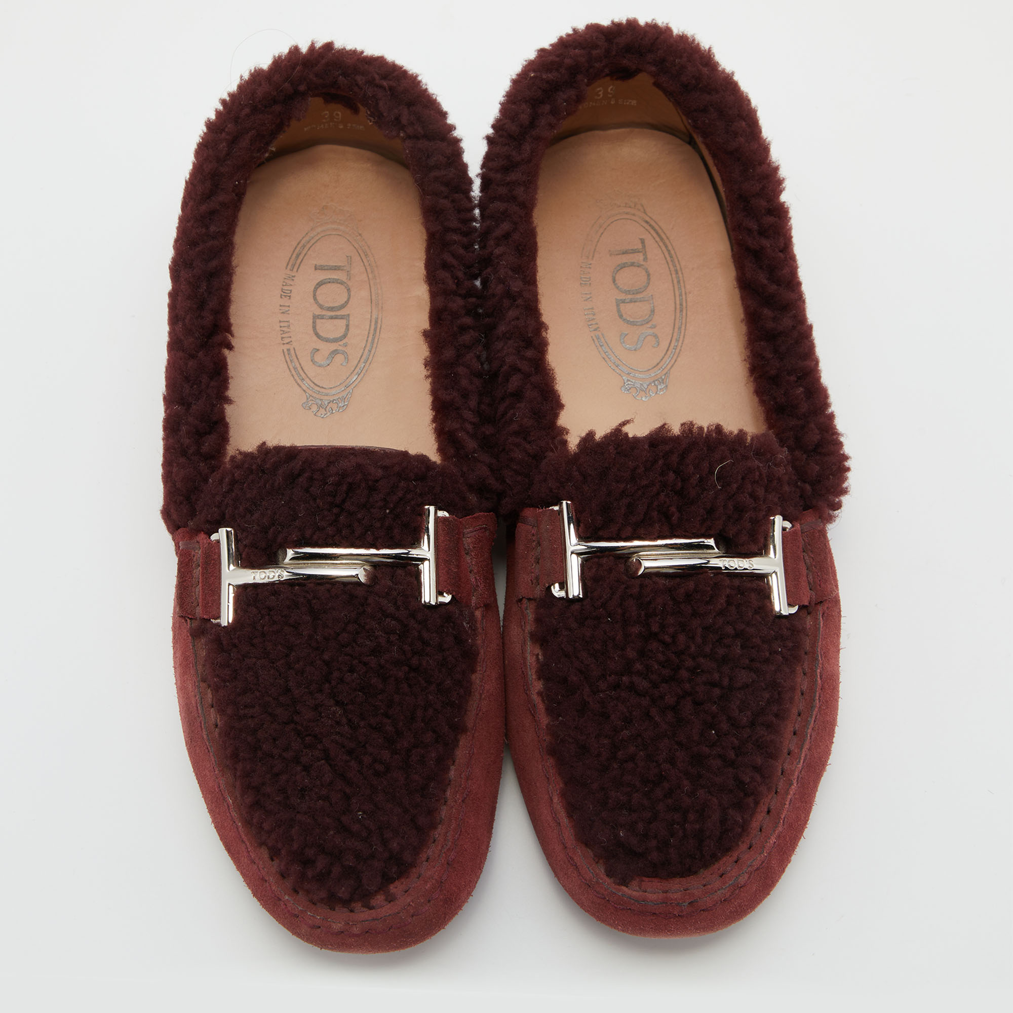 Tod's Burgundy Shealing Fur And Suede Double T Slip On Loafers Size 39