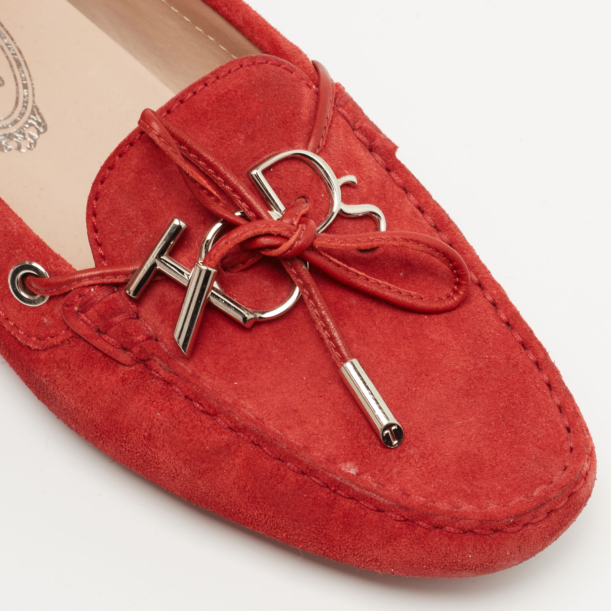 Tod's Red Suede Logo Charm Bow Loafers Size 37.5