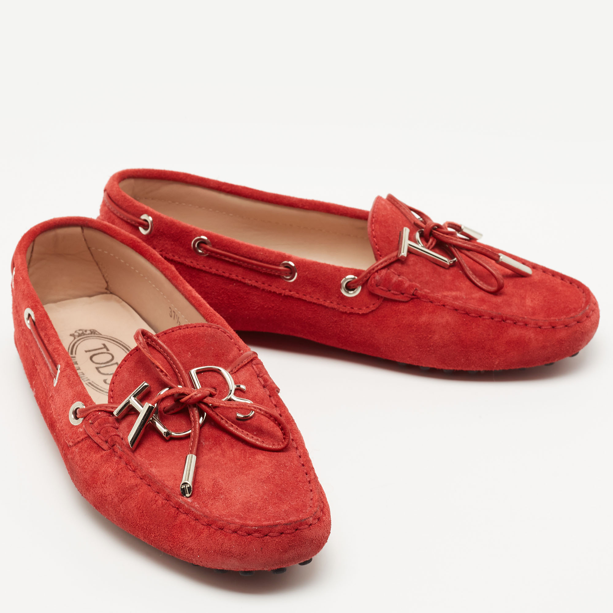 Tod's Red Suede Logo Charm Bow Loafers Size 37.5