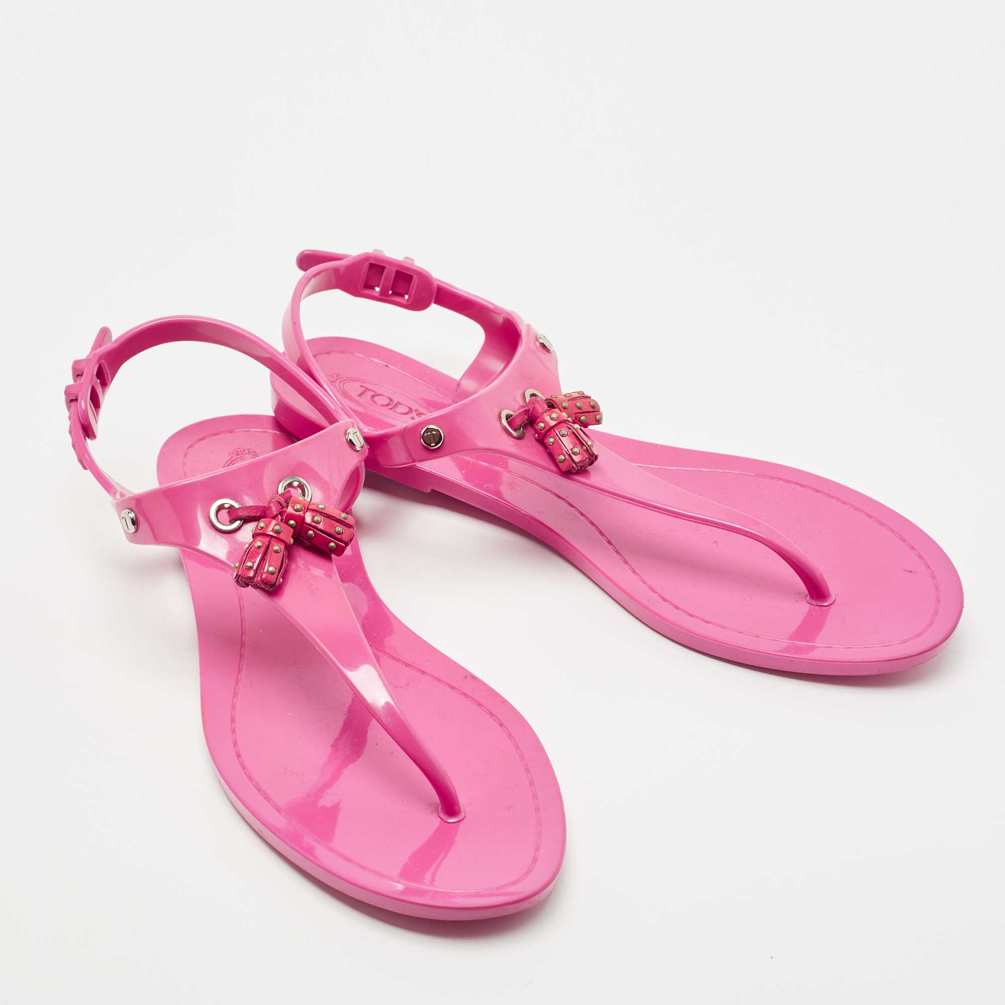 Tod's Pink Rubber Studded Tassel Thong Flat Sandals Size 38