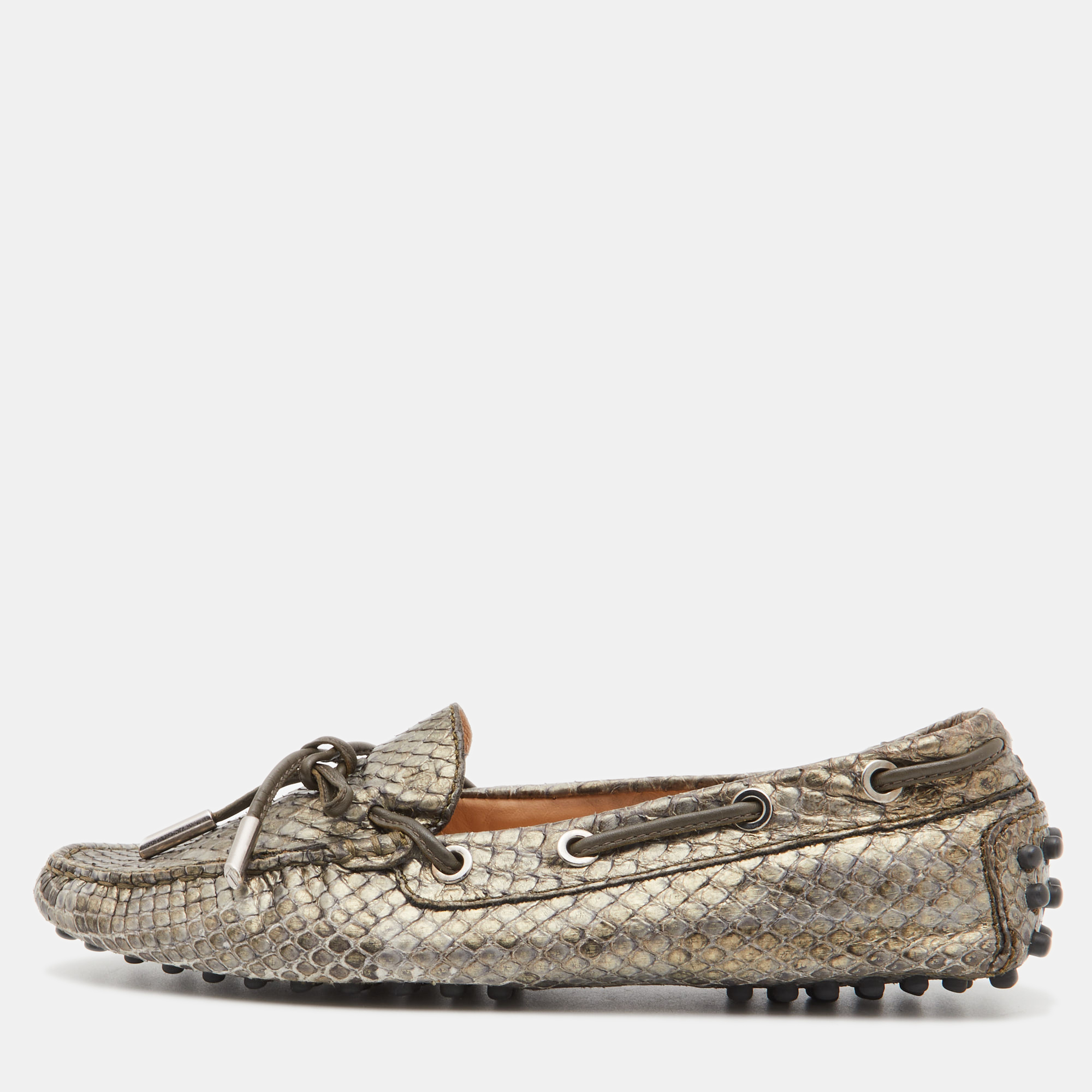 Tod's Metallic Python Bow Slip On Loafers Size 35