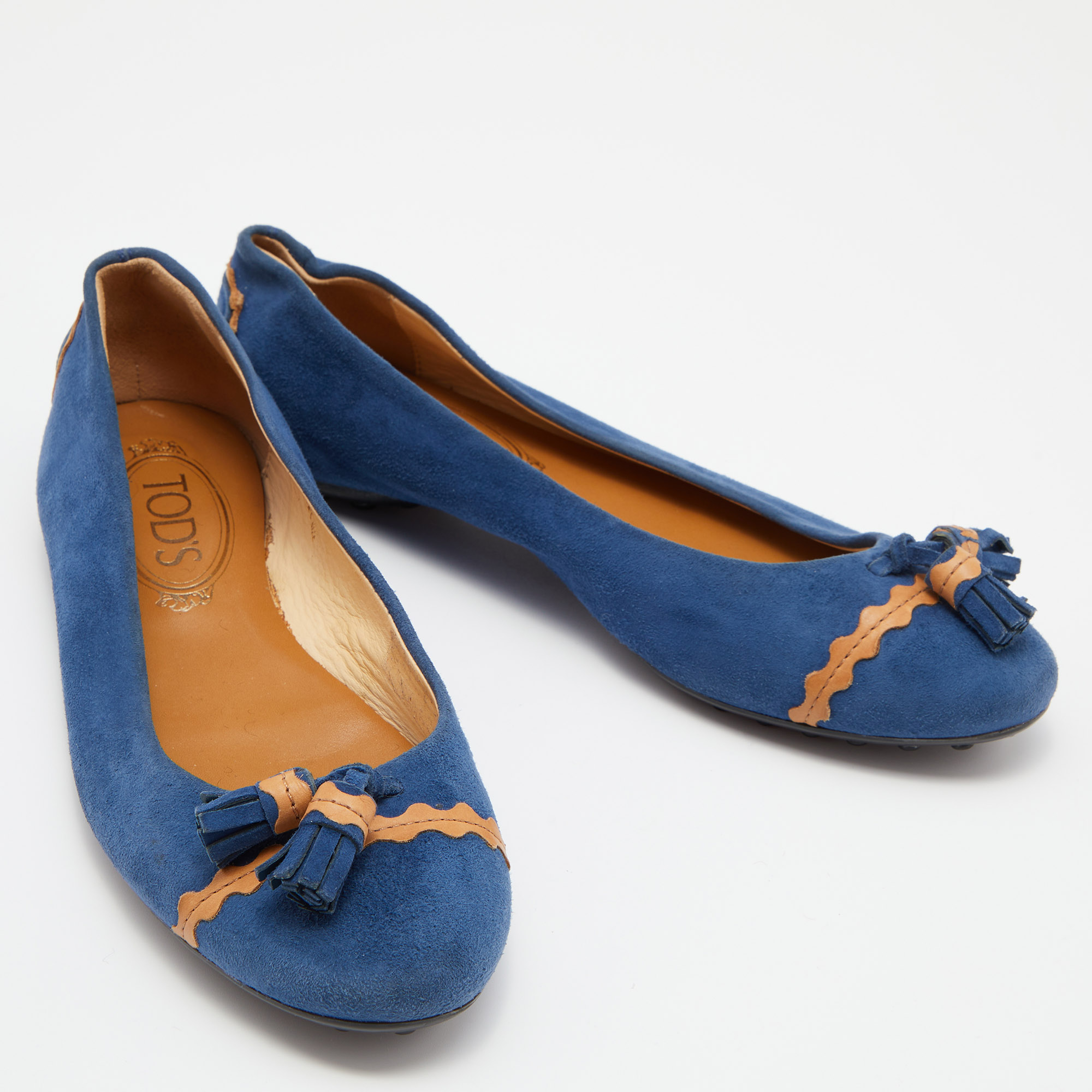 Tod's Blue/Tan Leather Tassel Ballet Flats Size 37