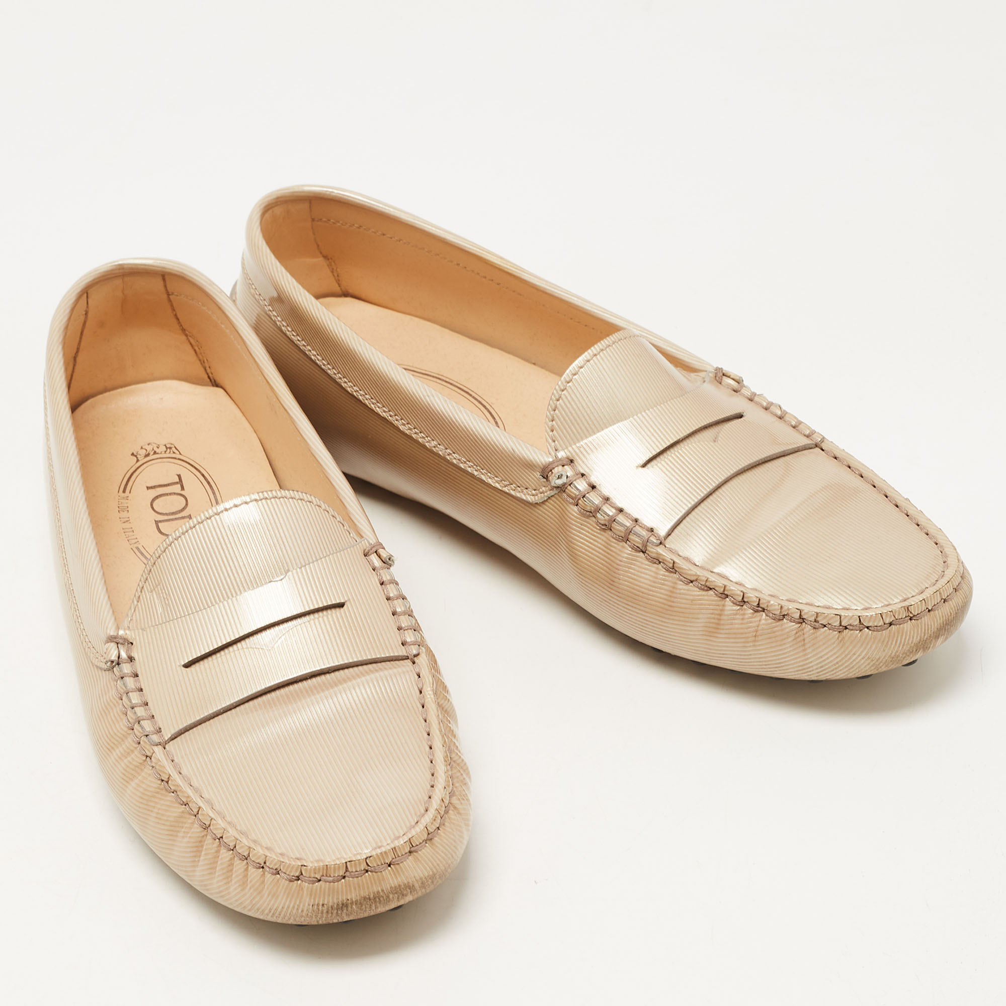 Tod's Beige Textured Patent Leather Penny Loafers Size 39