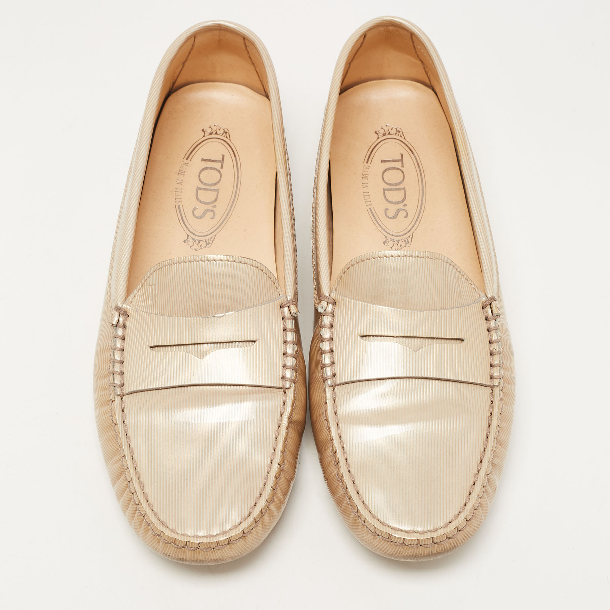 Tod's Beige Textured Patent Leather Penny Loafers Size 39